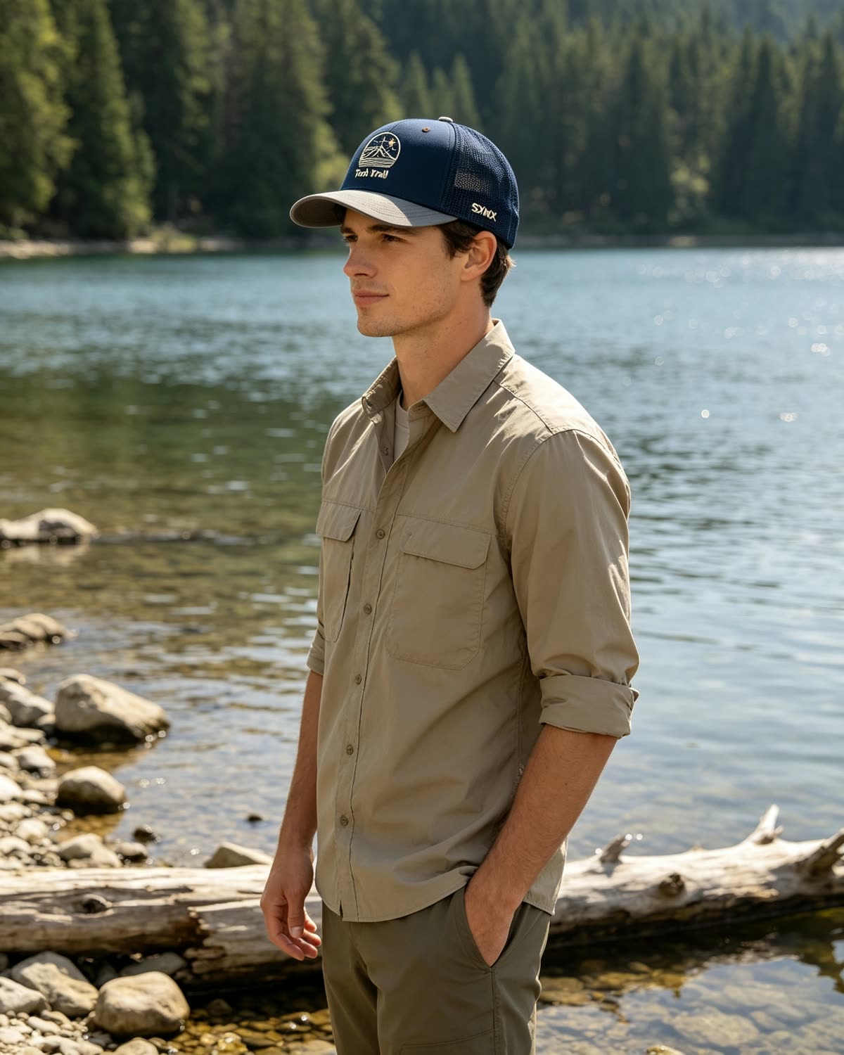 Custom Mountain Wave Patch Trucker Cap with Mesh Back on model