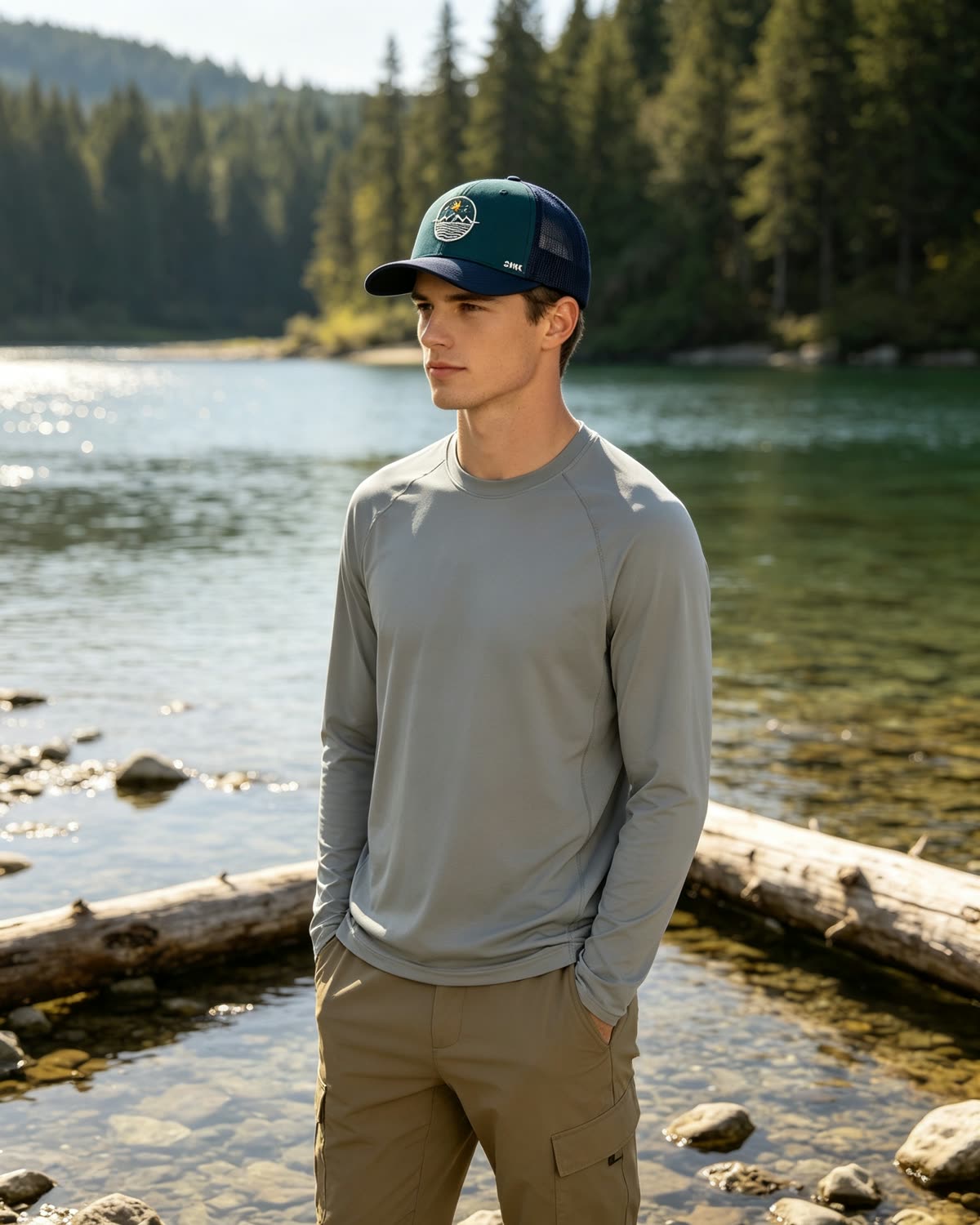 Custom Mountain Wave Patch Trucker Cap with Mesh Back on model