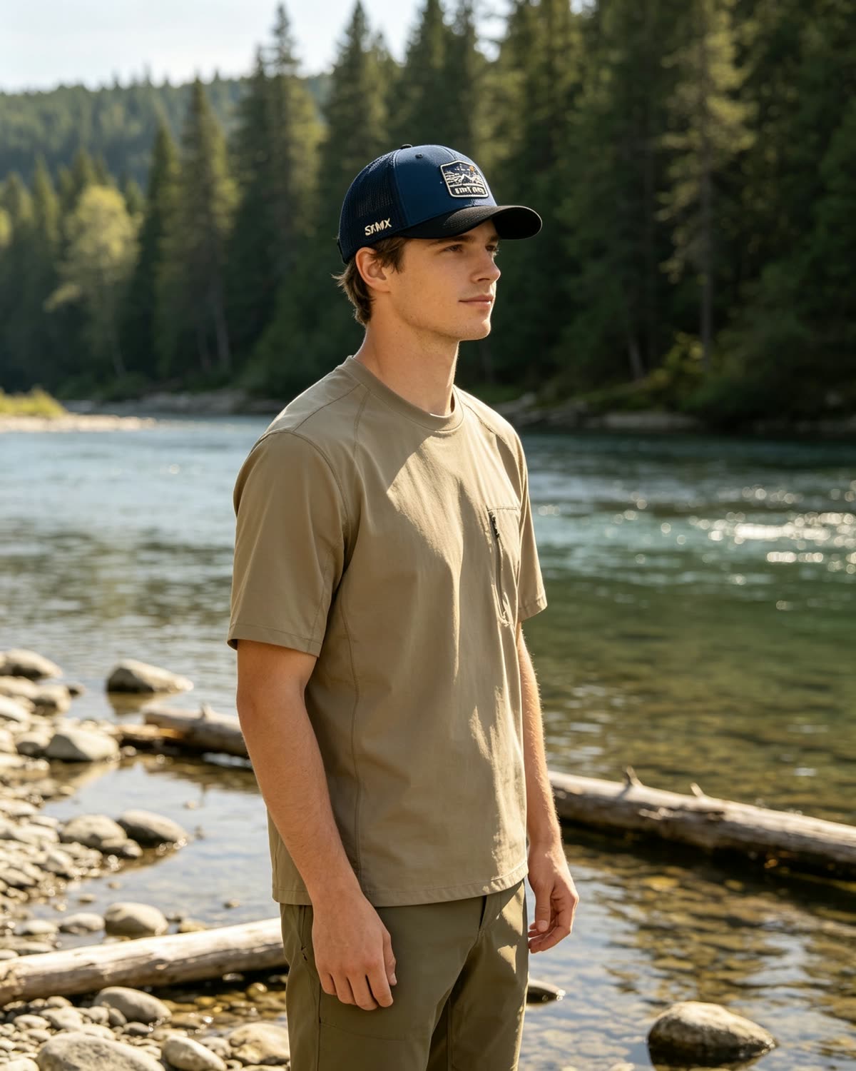 Custom Mountain Wave Patch Trucker Cap with Mesh Back on model