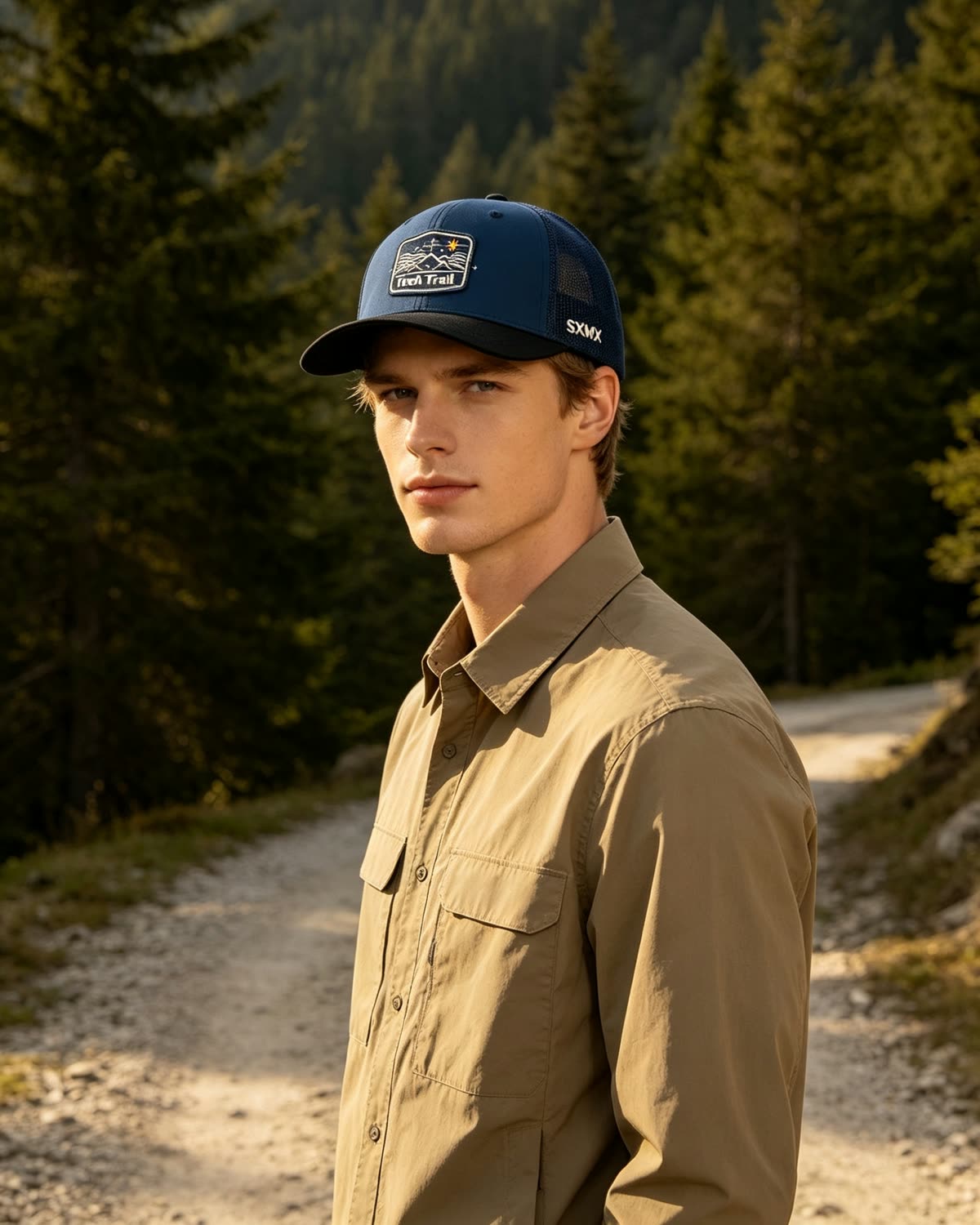 Custom Mountain Wave Patch Trucker Cap with Mesh Back on model