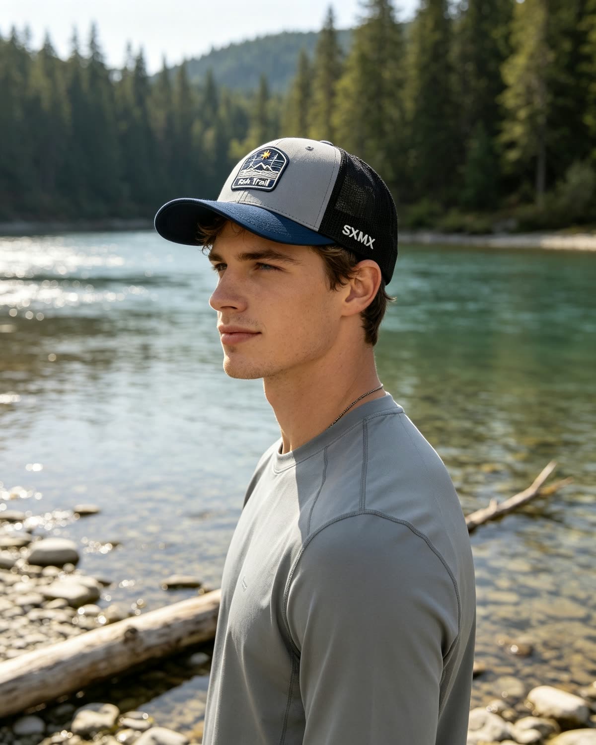 Custom Mountain Wave Patch Trucker Cap with Mesh Back on model
