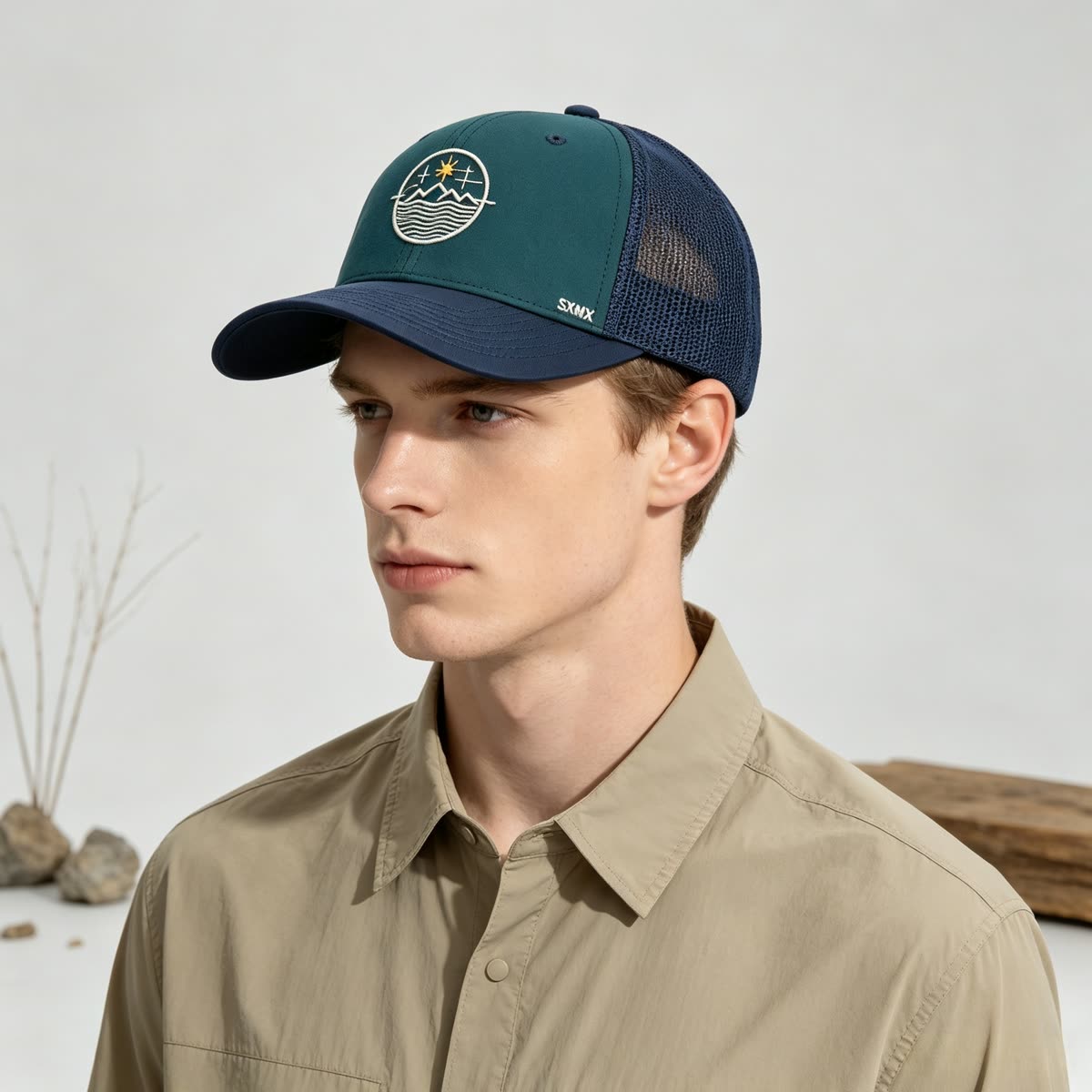 Custom Mountain Wave Patch Trucker Cap with Mesh Back on model