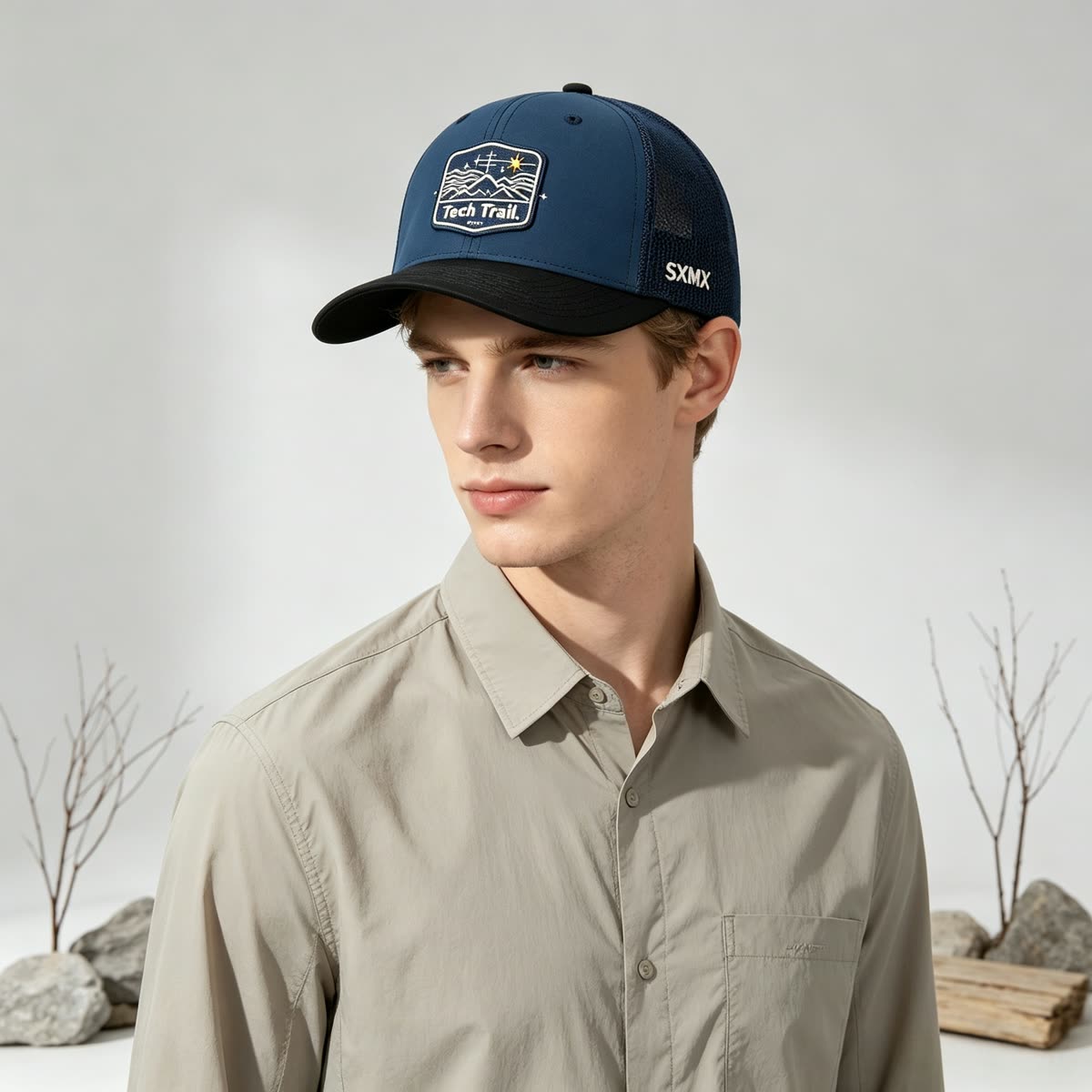 Custom Mountain Wave Patch Trucker Cap with Mesh Back on model