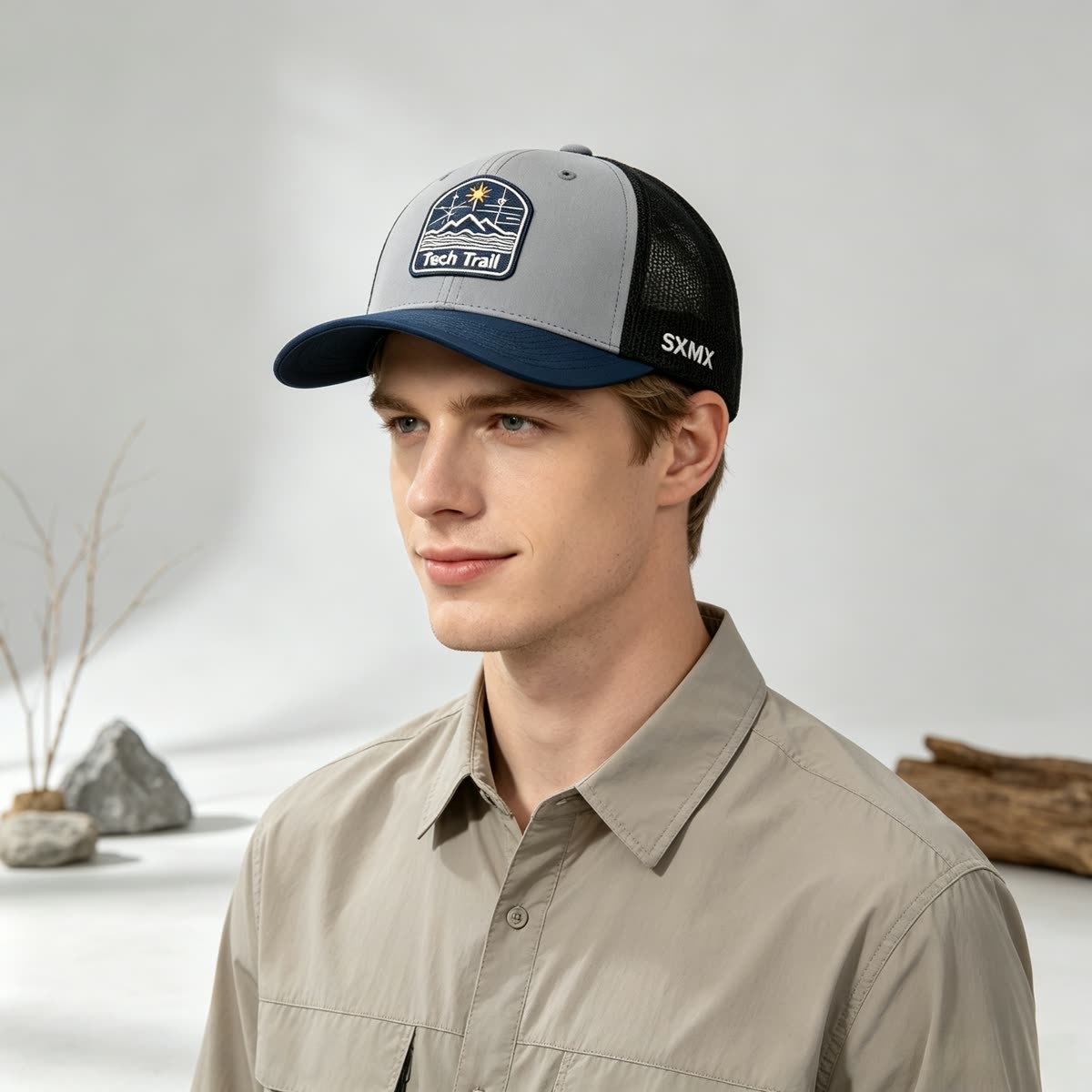 Custom Mountain Wave Patch Trucker Cap with Mesh Back on model
