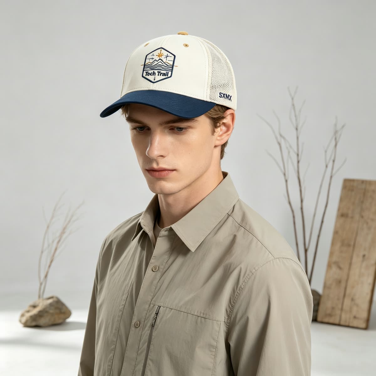 Custom Mountain Wave Patch Trucker Cap with Mesh Back on model