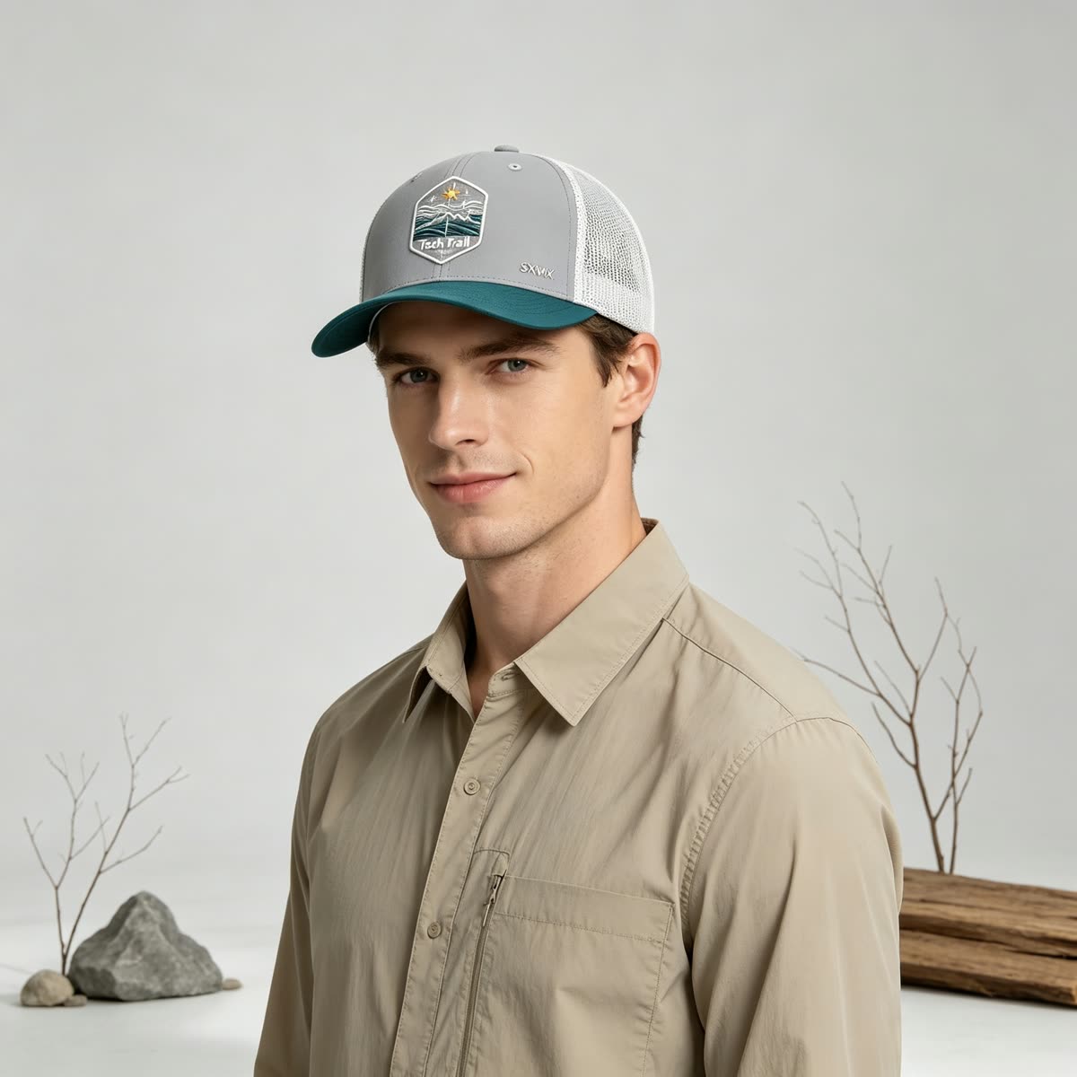 Custom Mountain Wave Patch Trucker Cap with Mesh Back on model