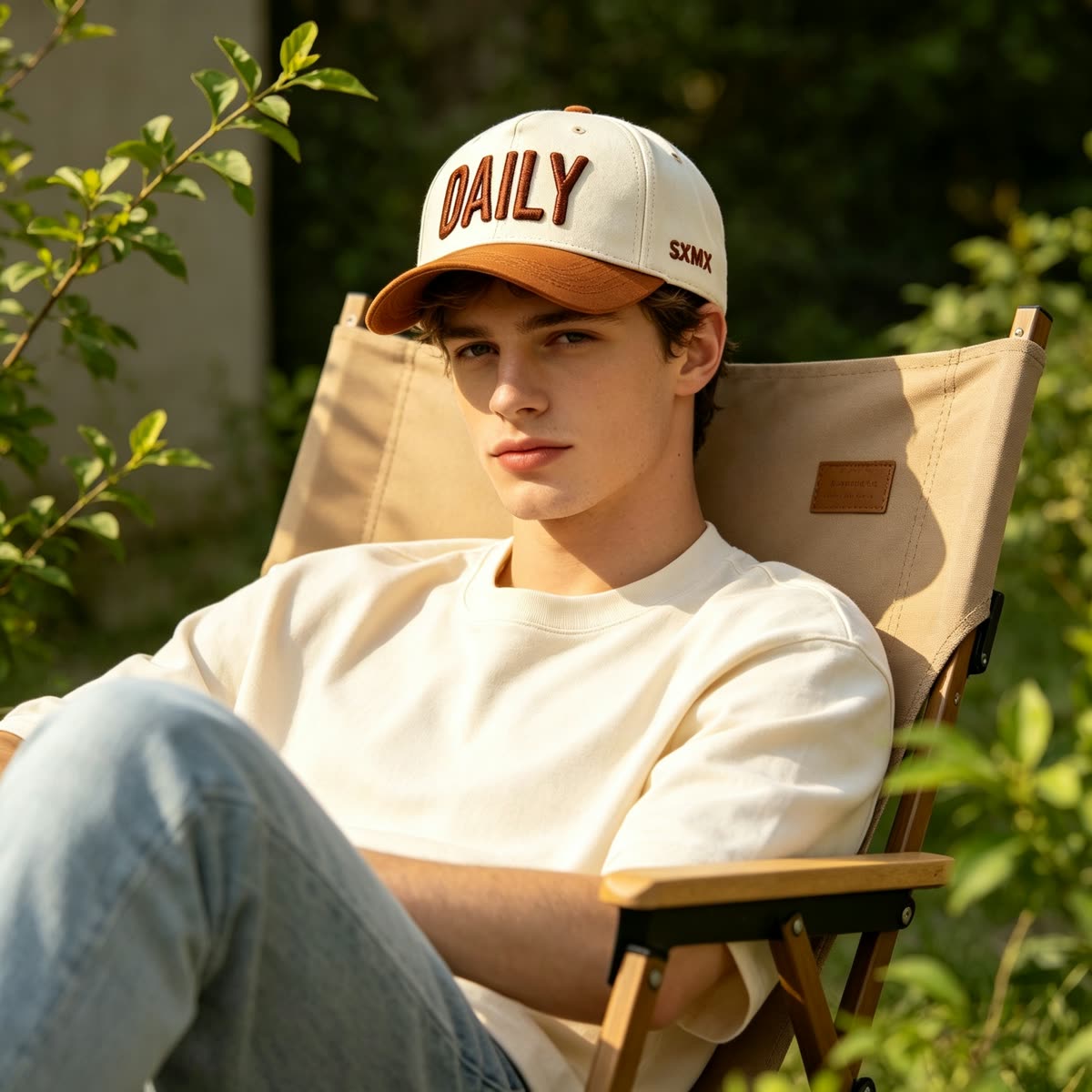 Custom Embroidered Lettering Camp Cap with Contrast Brim on model