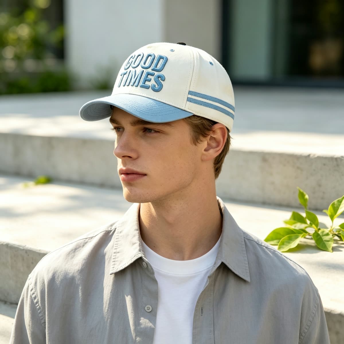 Custom Embroidered Lettering Camp Cap with Contrast Brim on model