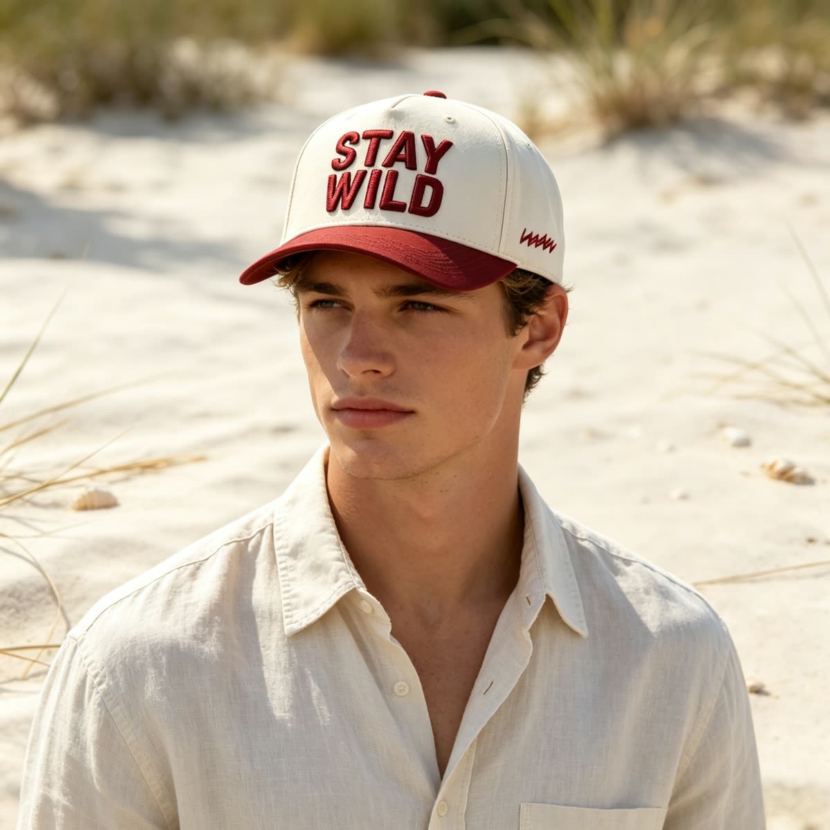 Custom Embroidered Lettering Camp Cap with Contrast Brim on model