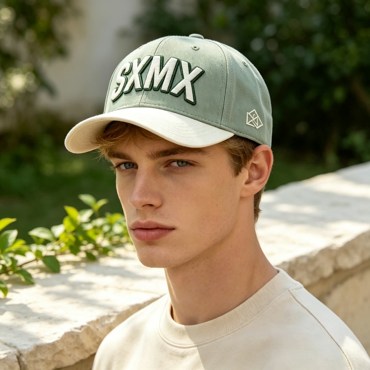 Custom Embroidered Lettering Camp Cap with Contrast Brim on model