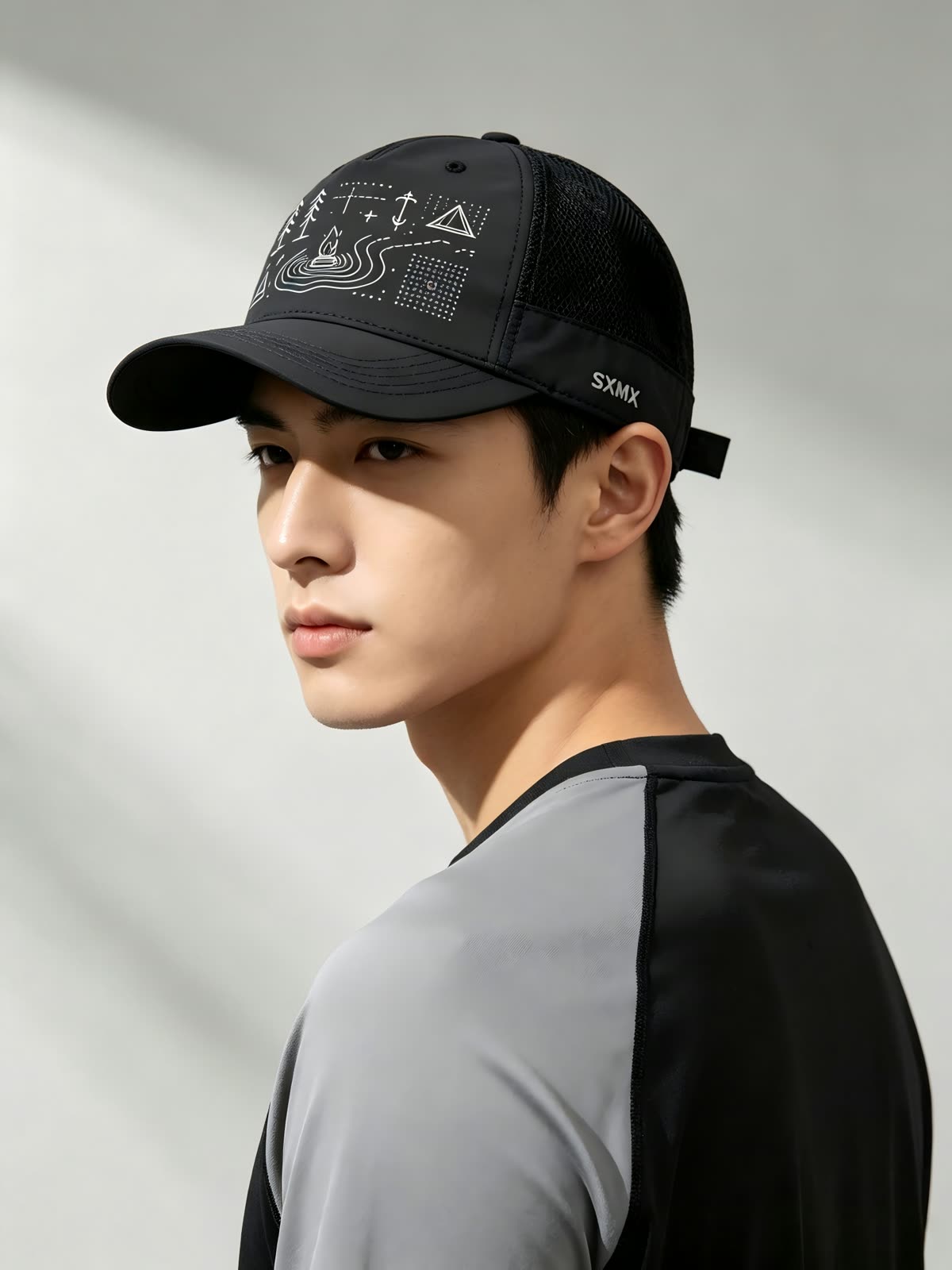 Custom Camping Icons Print Camp Cap with Mesh Panel on model
