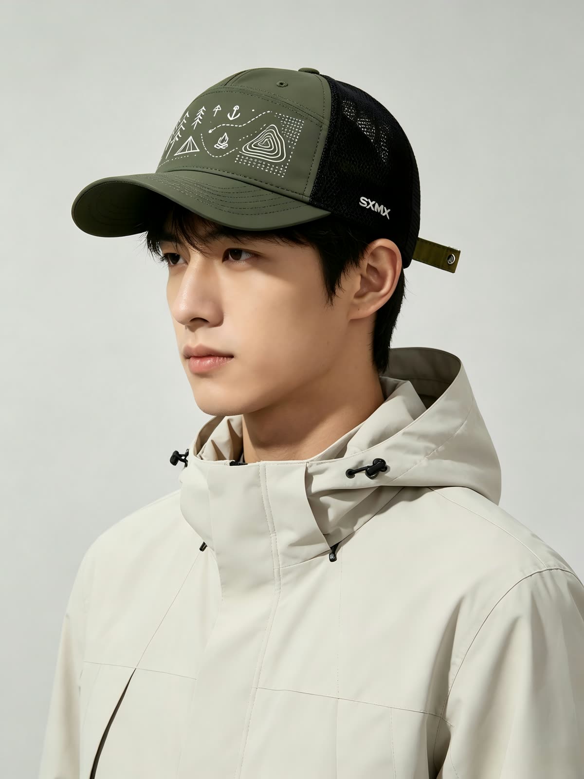 Custom Camping Icons Print Camp Cap with Mesh Panel on model