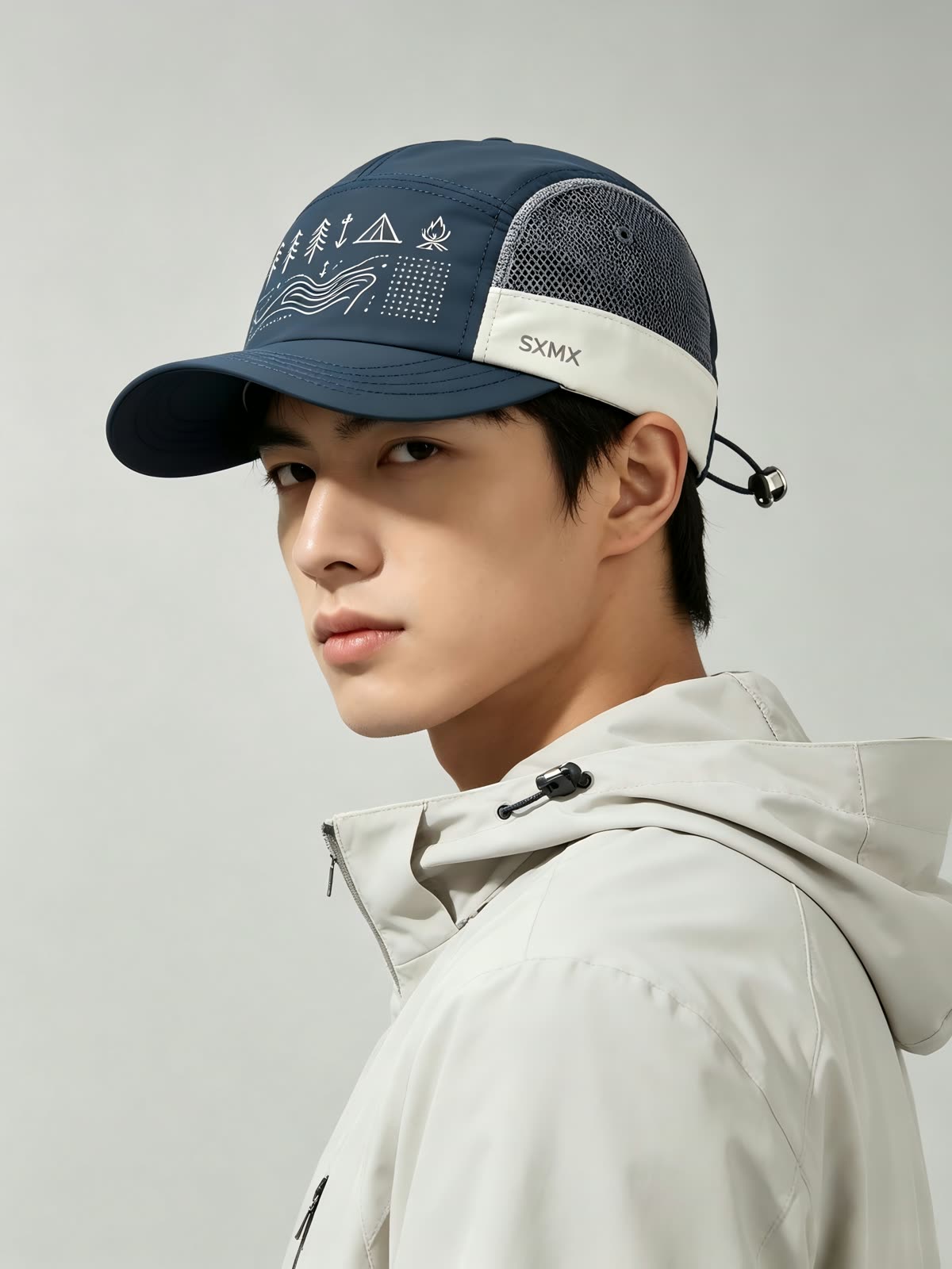 Custom Camping Icons Print Camp Cap with Mesh Panel on model