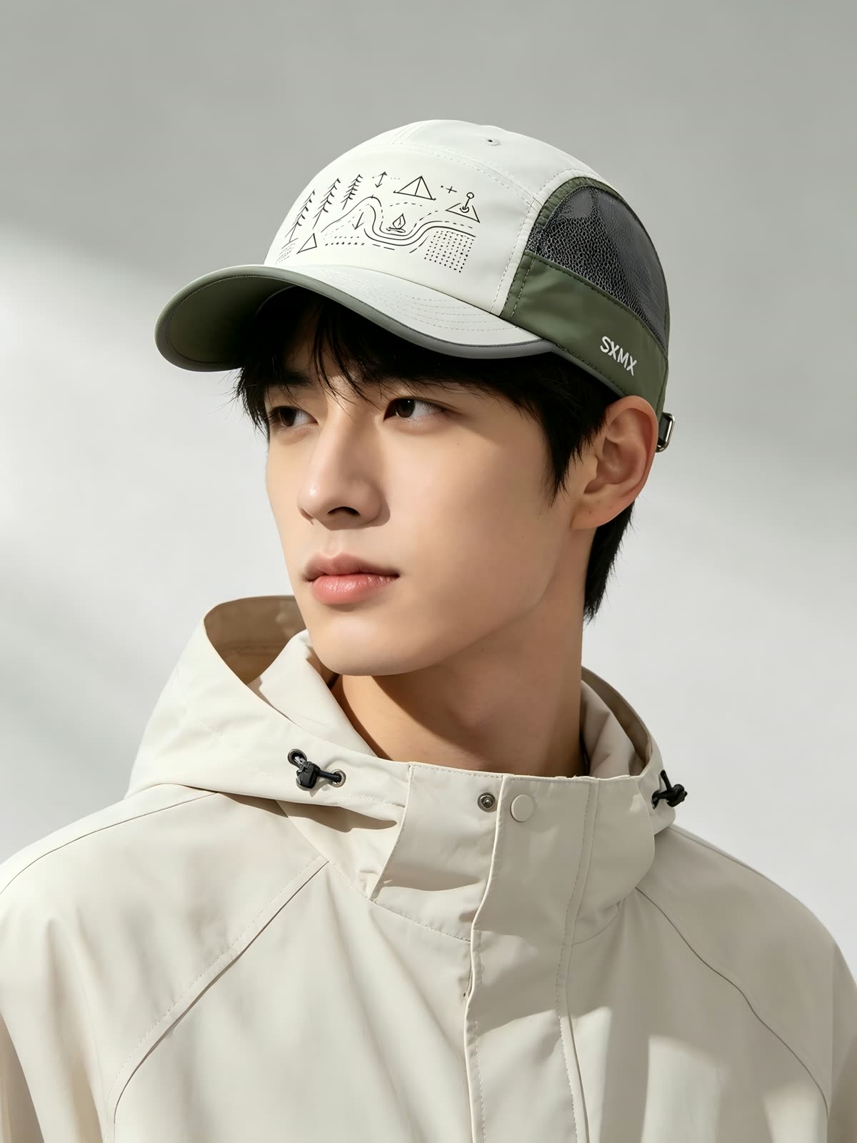 Custom Camping Icons Print Camp Cap with Mesh Panel on model