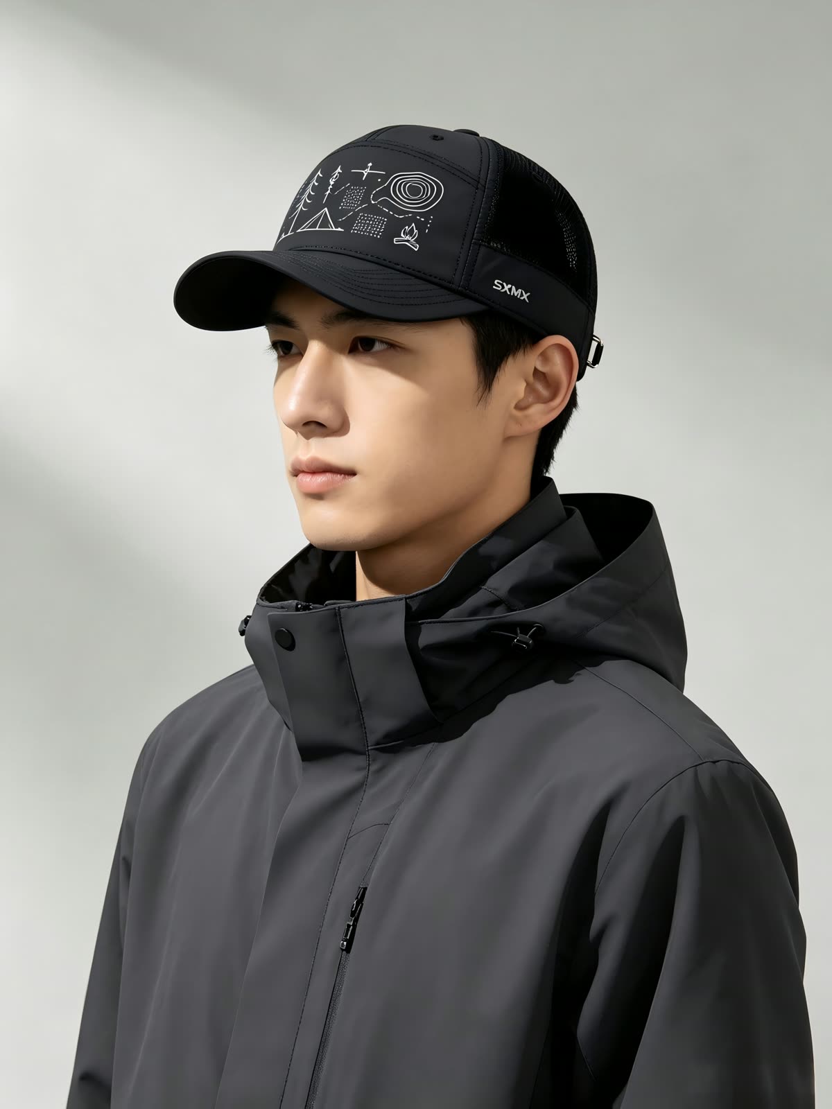 Custom Camping Icons Print Camp Cap with Mesh Panel on model