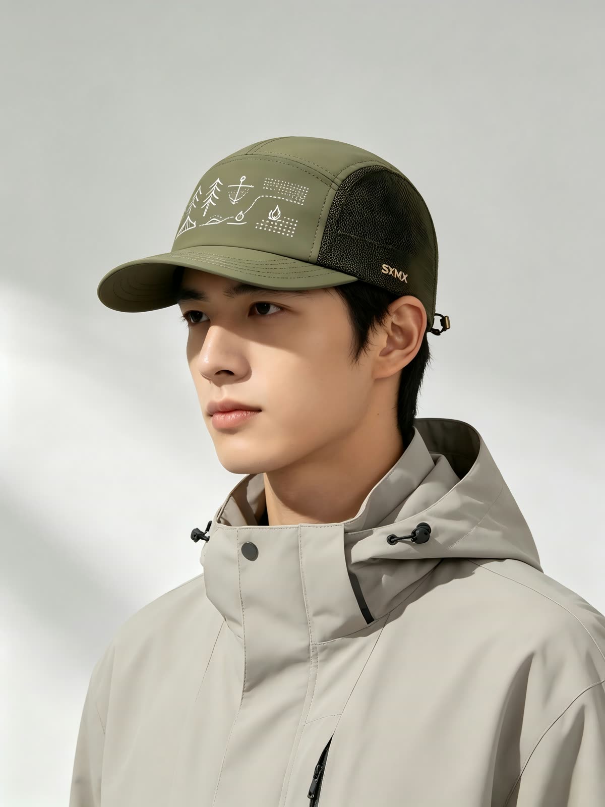 Custom Camping Icons Print Camp Cap with Mesh Panel on model