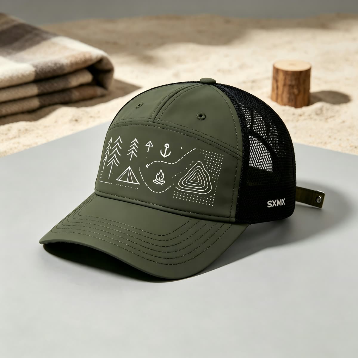 Custom Camping Icons Print Camp Cap with Mesh Panel scene