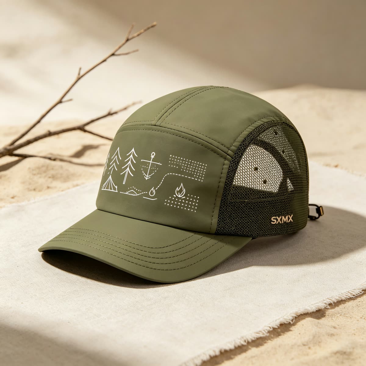 Custom Camping Icons Print Camp Cap with Mesh Panel scene