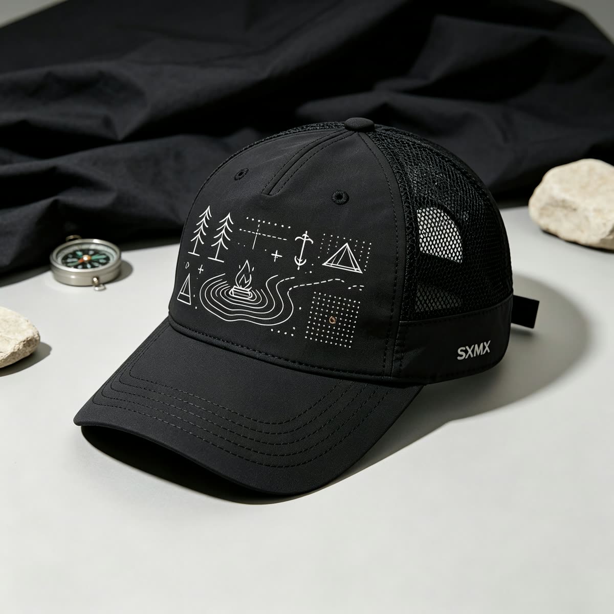 Custom Camping Icons Print Camp Cap with Mesh Panel scene