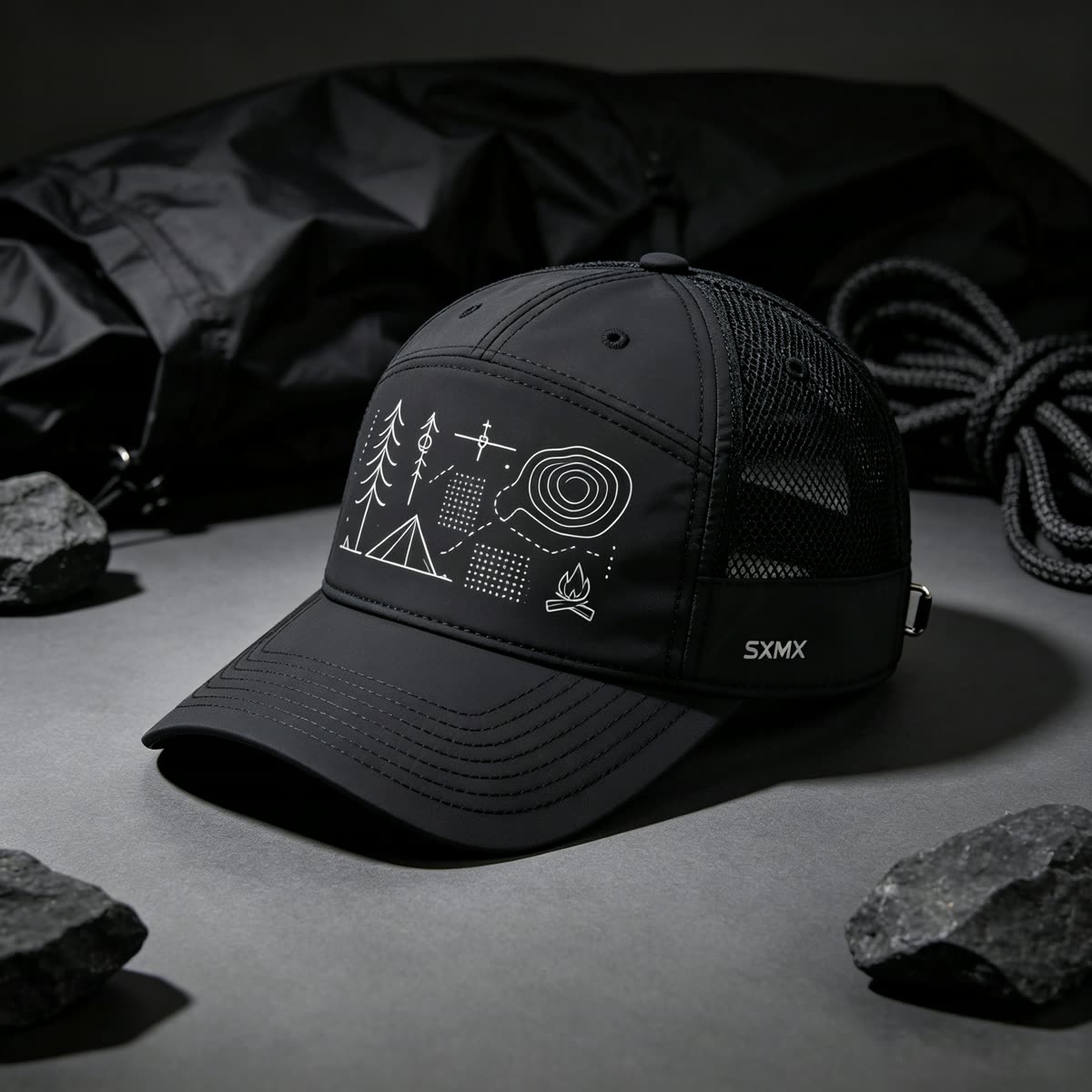 Custom Camping Icons Print Camp Cap with Mesh Panel scene
