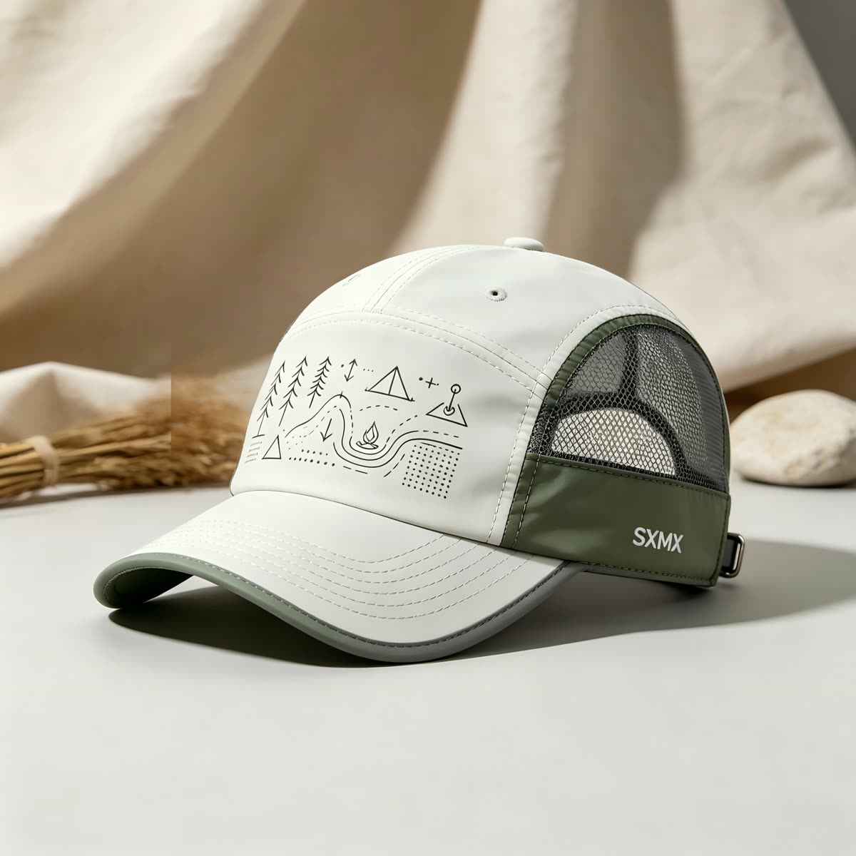 Custom Camping Icons Print Camp Cap with Mesh Panel scene