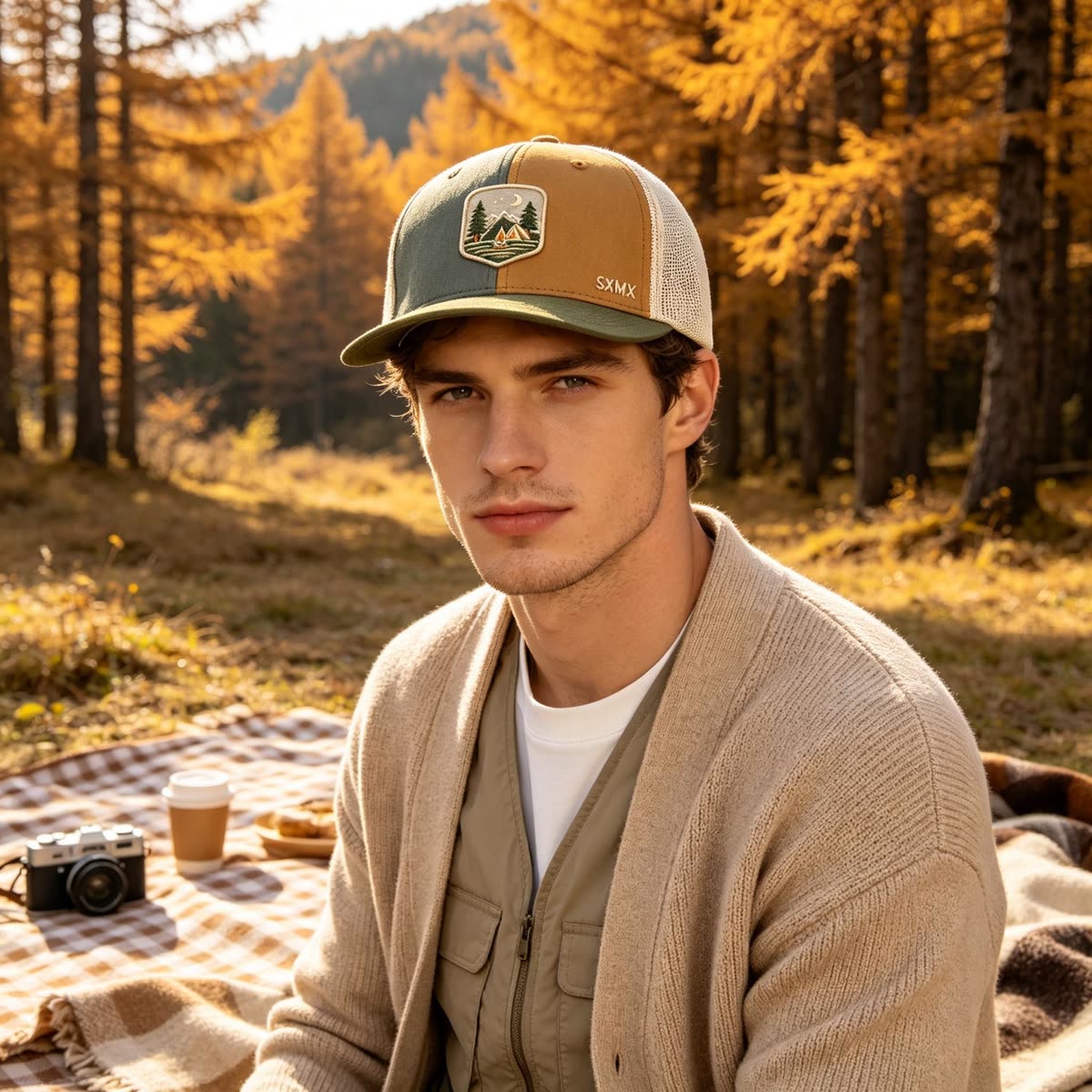 Custom Camping Scene Patch Trucker Cap on model