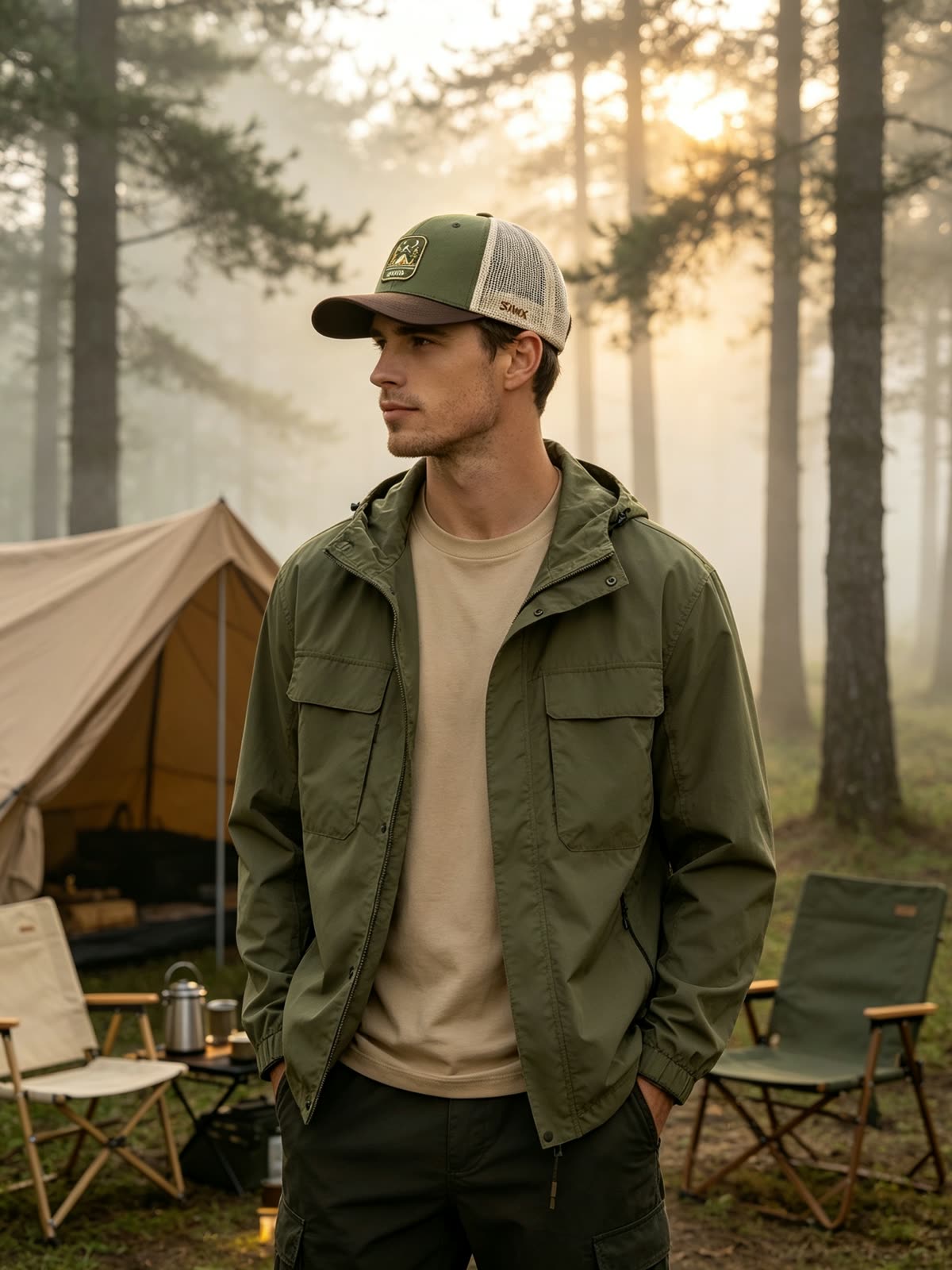 Custom Camping Scene Patch Trucker Cap on model