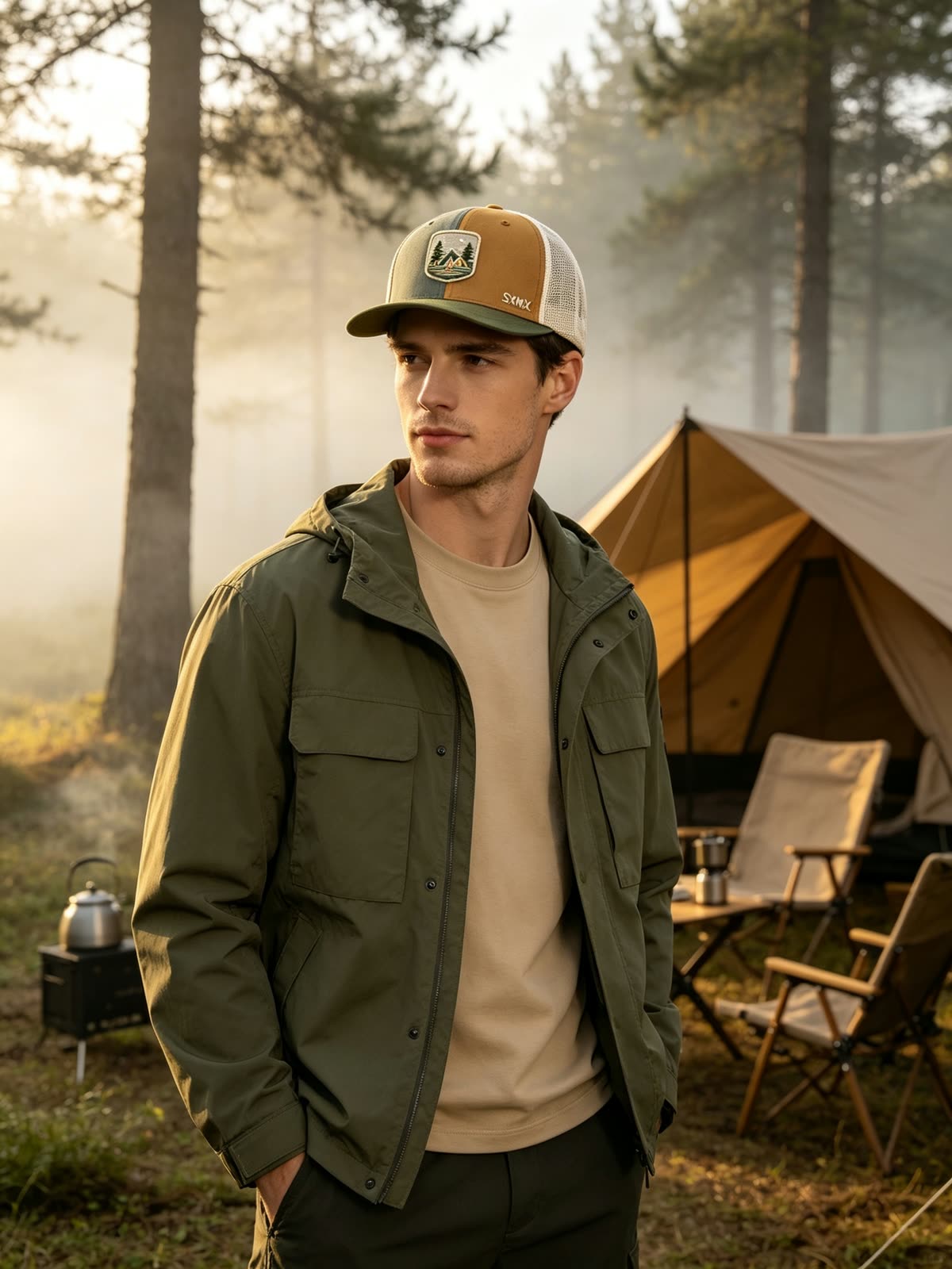 Custom Camping Scene Patch Trucker Cap on model