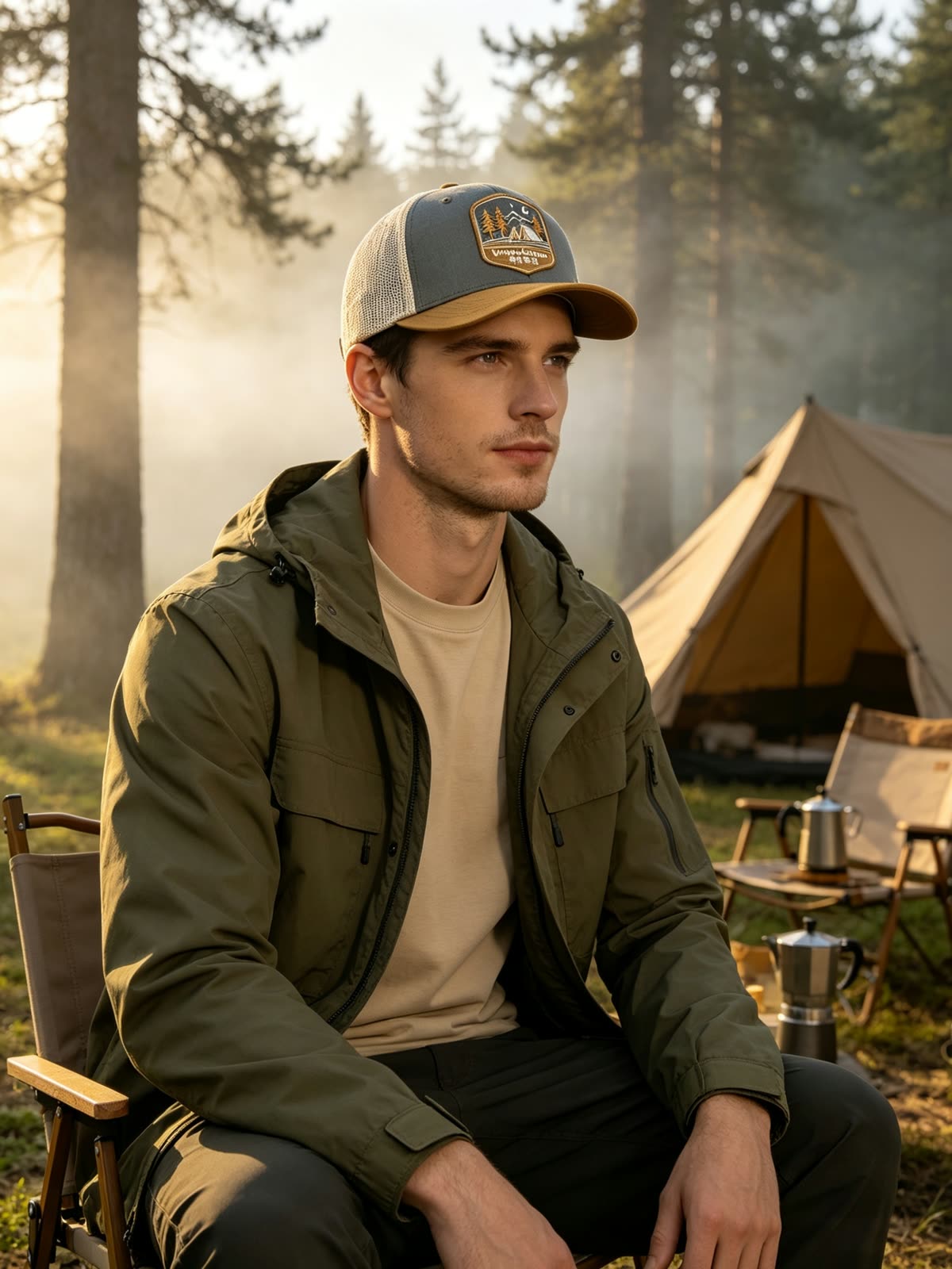 Custom Camping Scene Patch Trucker Cap on model