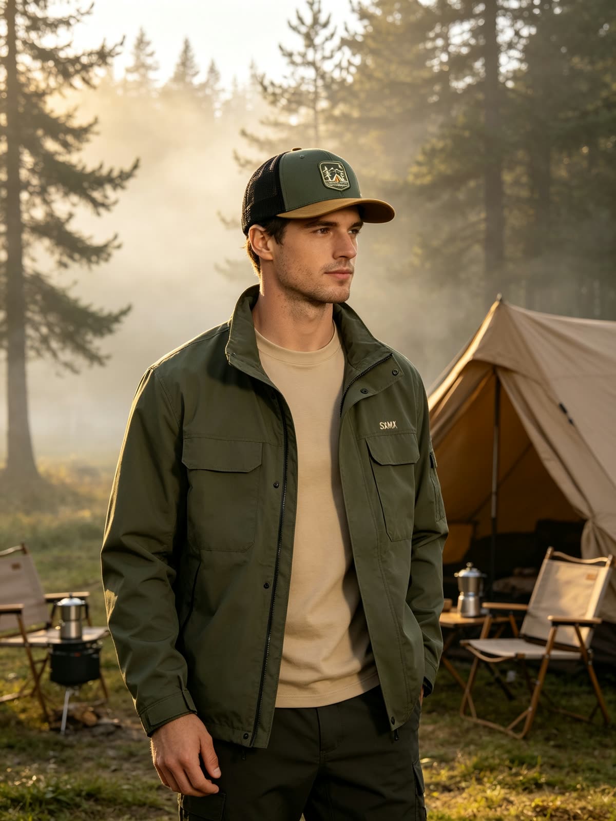 Custom Camping Scene Patch Trucker Cap on model