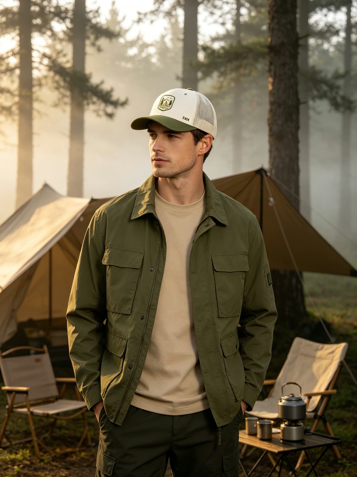 Custom Camping Scene Patch Trucker Cap on model
