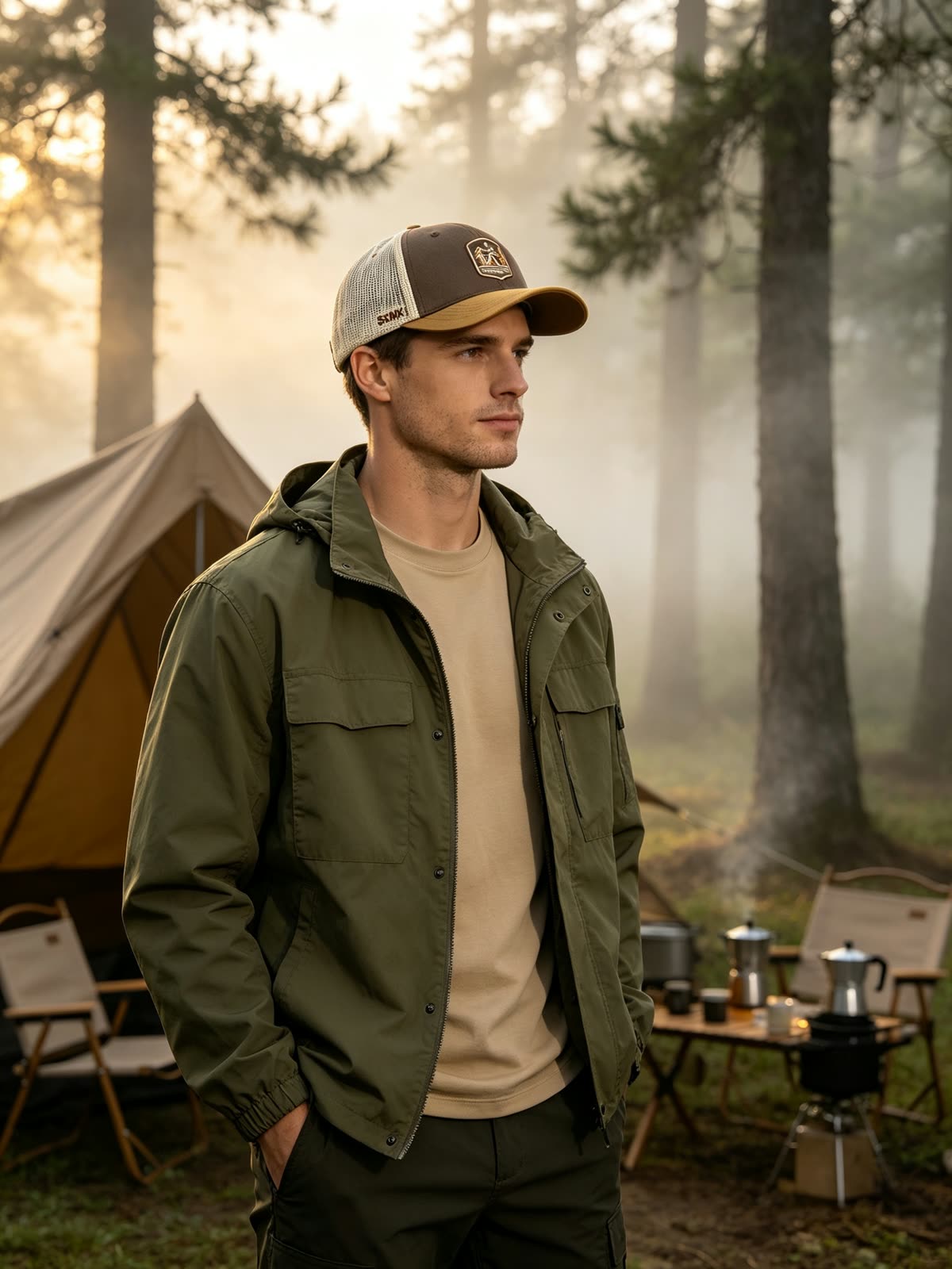 Custom Camping Scene Patch Trucker Cap on model