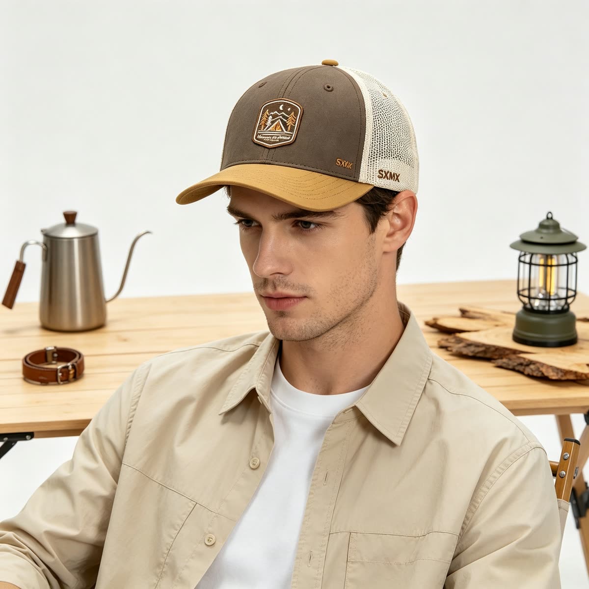 Custom Camping Scene Patch Trucker Cap on model