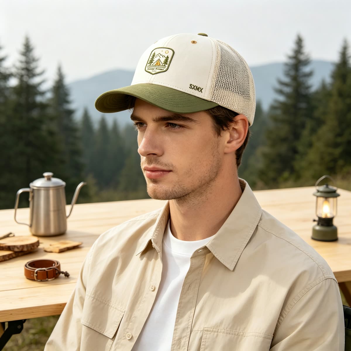 Custom Camping Scene Patch Trucker Cap on model