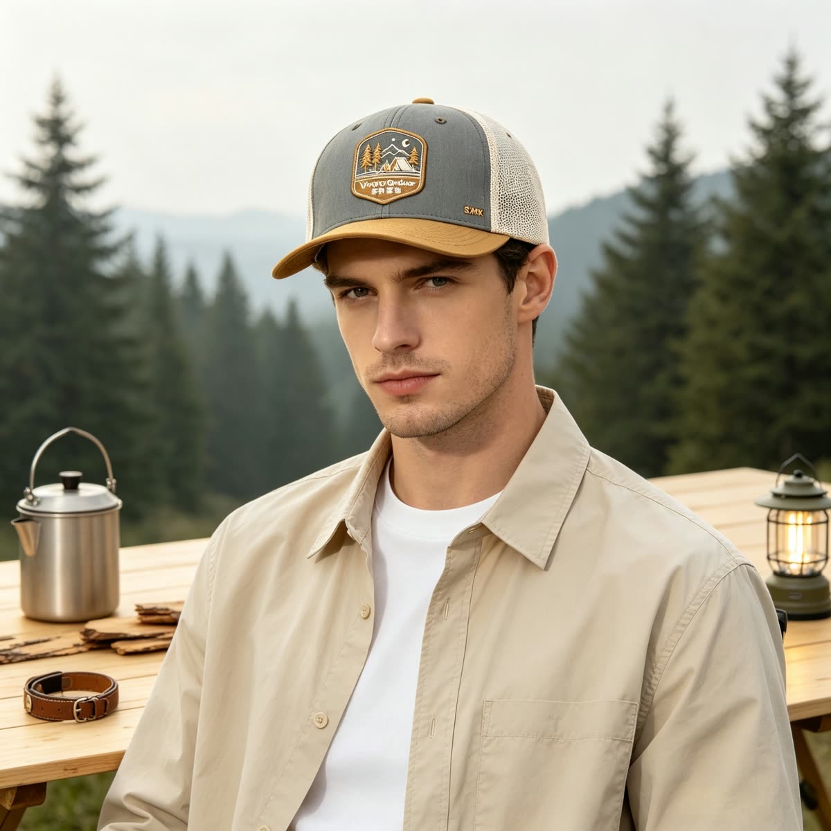 Custom Camping Scene Patch Trucker Cap on model