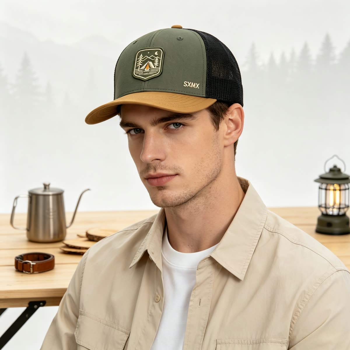 Custom Camping Scene Patch Trucker Cap on model