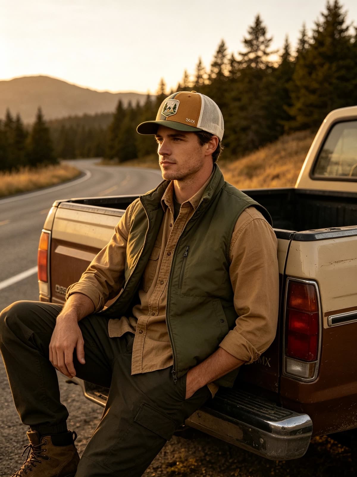 Custom Camping Scene Patch Trucker Cap on model