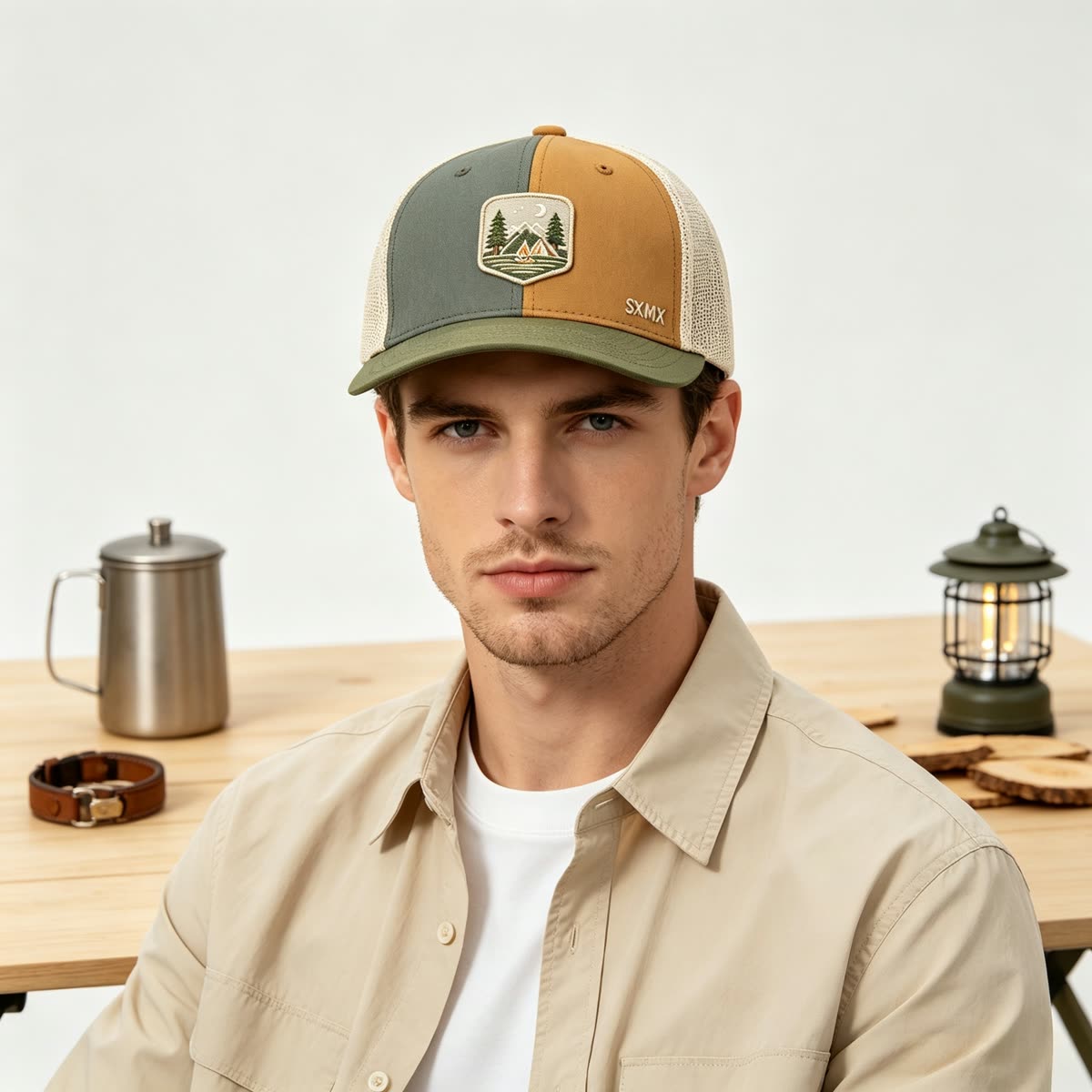 Custom Camping Scene Patch Trucker Cap on model