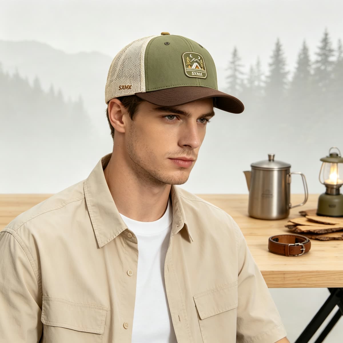 Custom Camping Scene Patch Trucker Cap on model