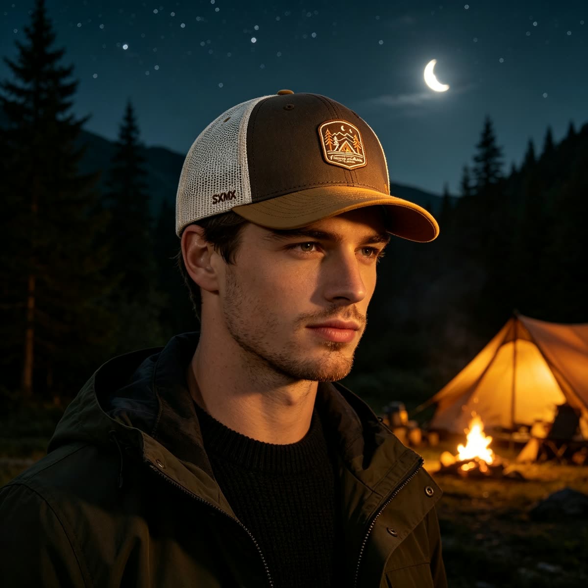 Custom Camping Scene Patch Trucker Cap on model