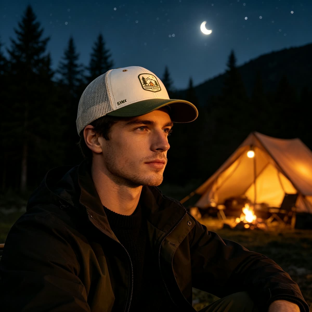 Custom Camping Scene Patch Trucker Cap on model