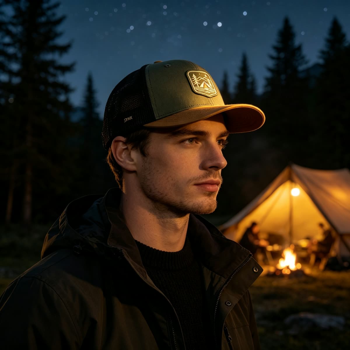 Custom Camping Scene Patch Trucker Cap on model
