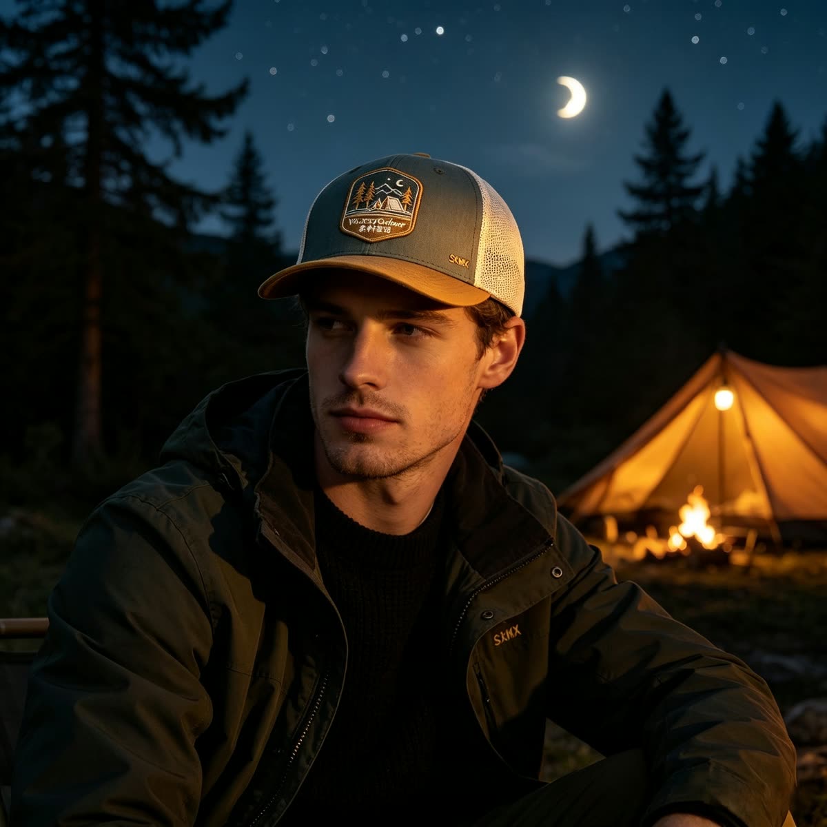 Custom Camping Scene Patch Trucker Cap on model