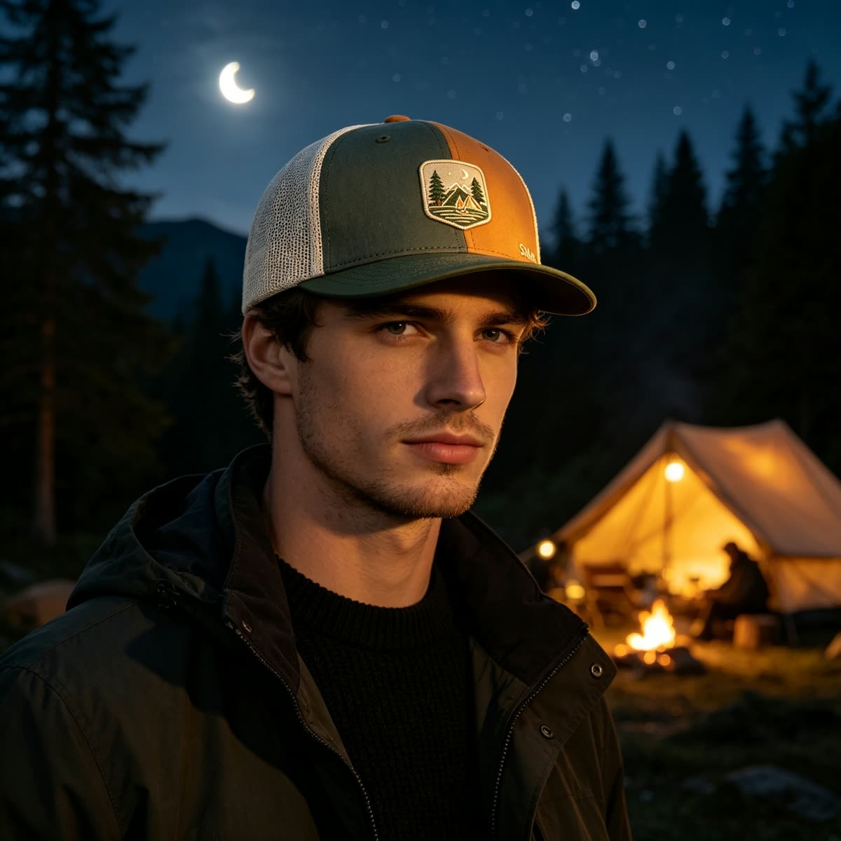 Custom Camping Scene Patch Trucker Cap on model