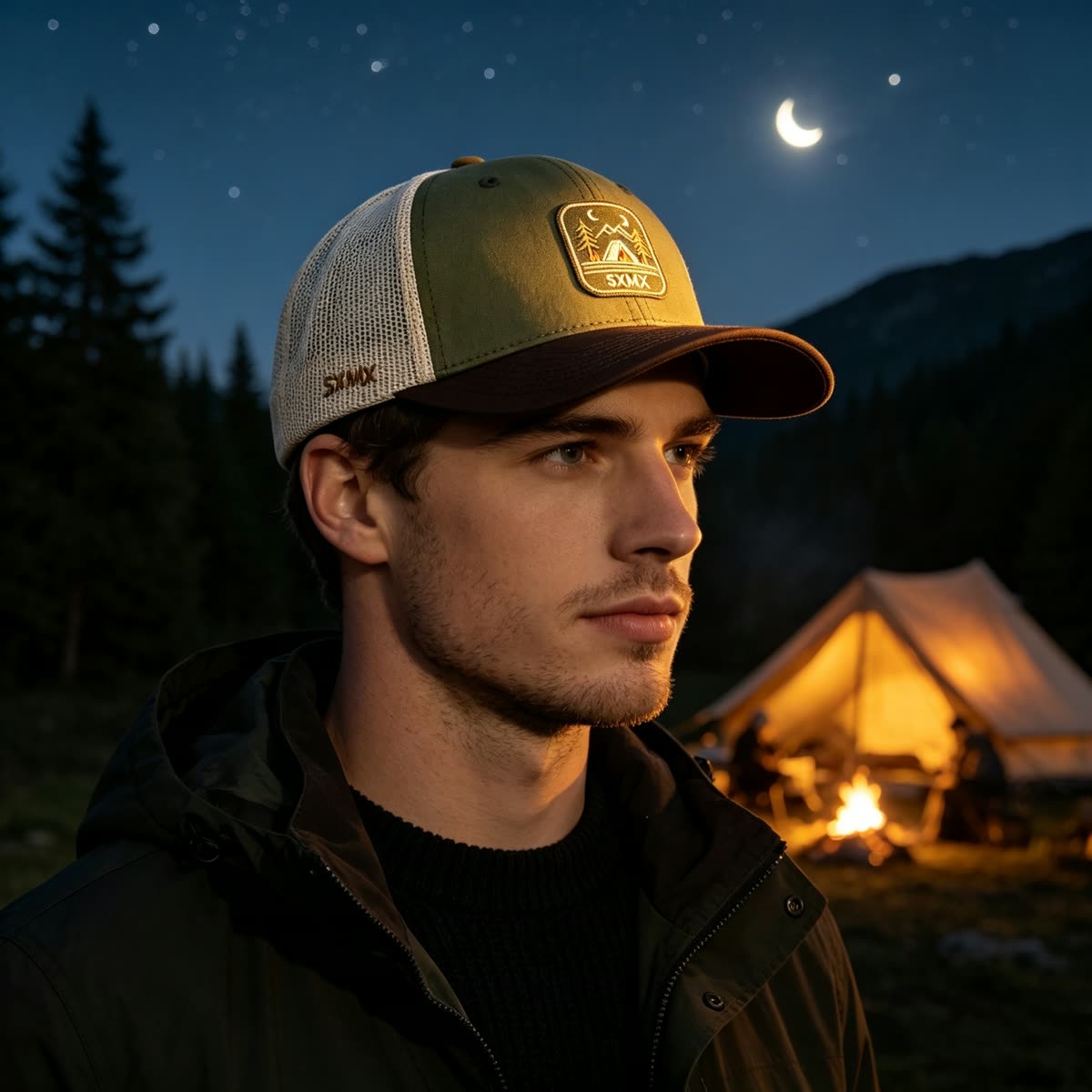 Custom Camping Scene Patch Trucker Cap on model
