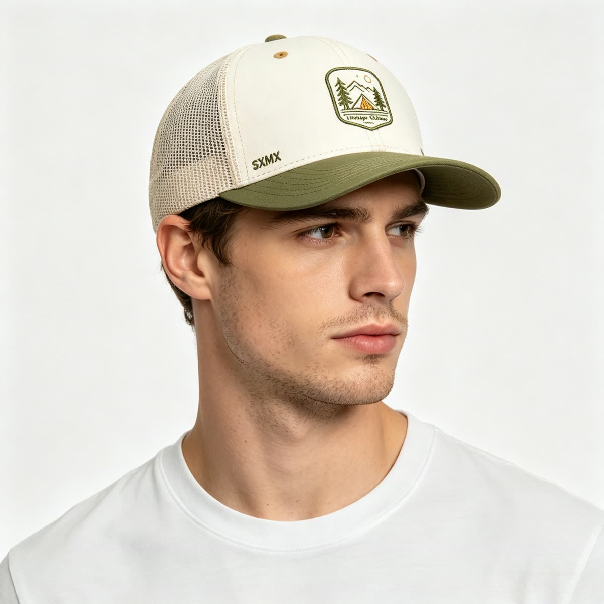Custom Camping Scene Patch Trucker Cap on model