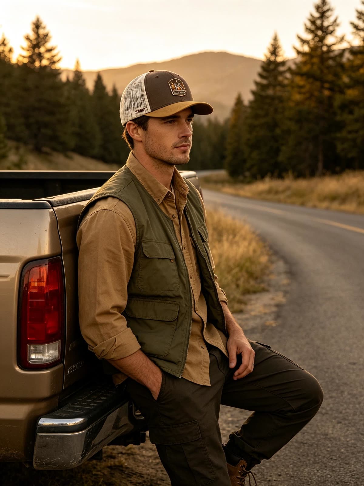 Custom Camping Scene Patch Trucker Cap on model