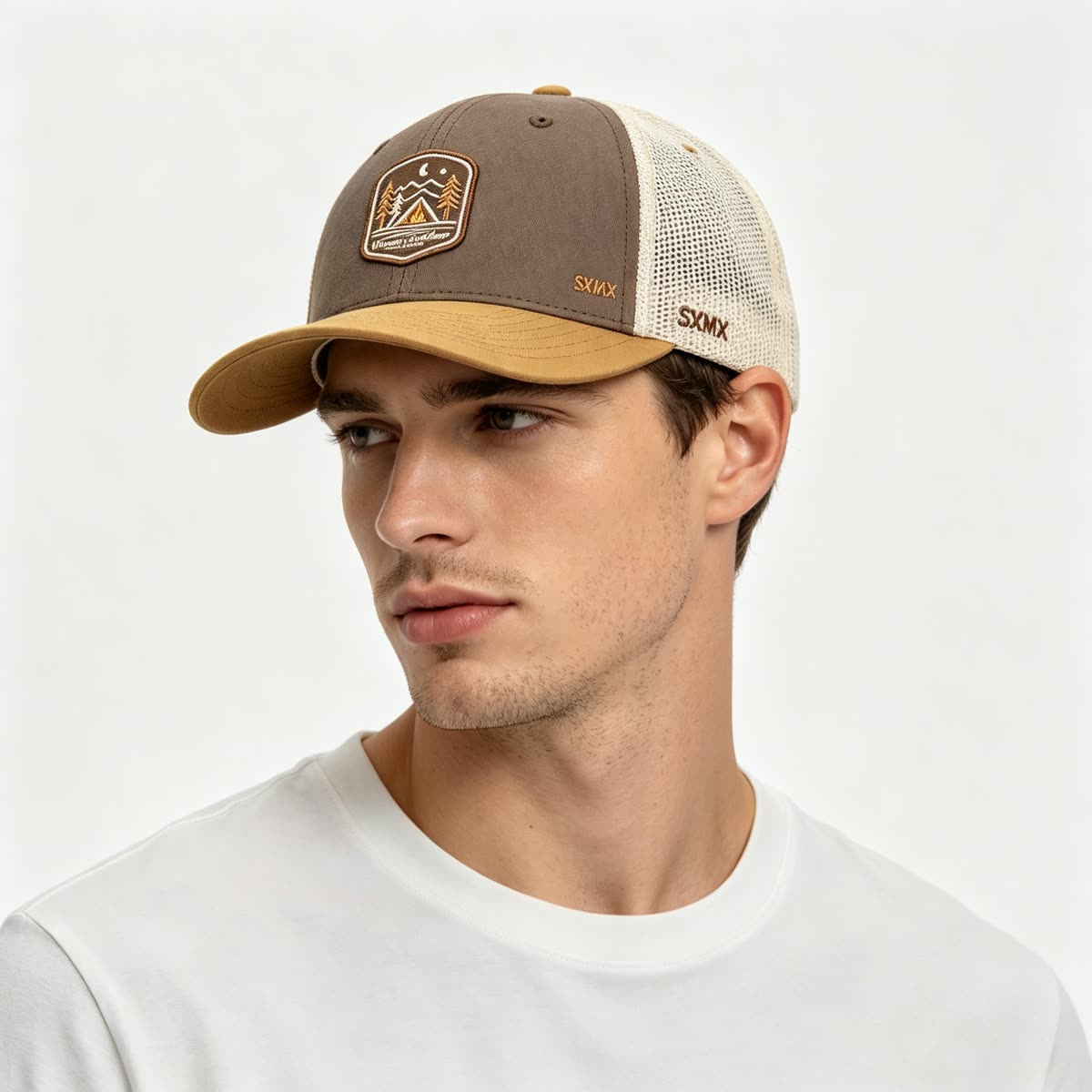 Custom Camping Scene Patch Trucker Cap on model