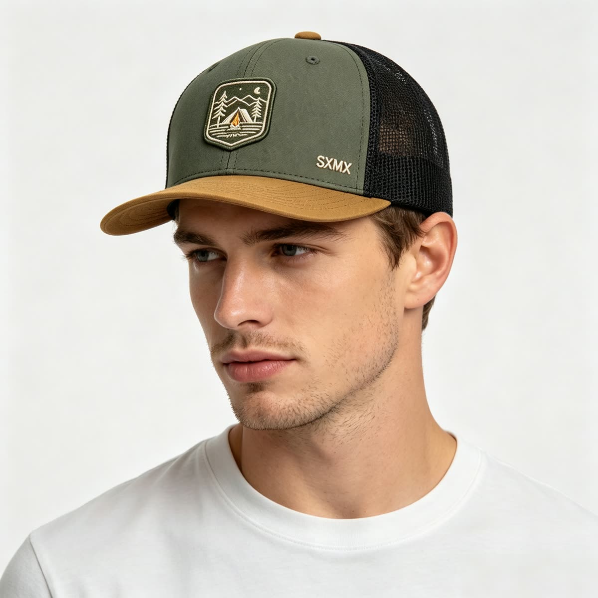 Custom Camping Scene Patch Trucker Cap on model