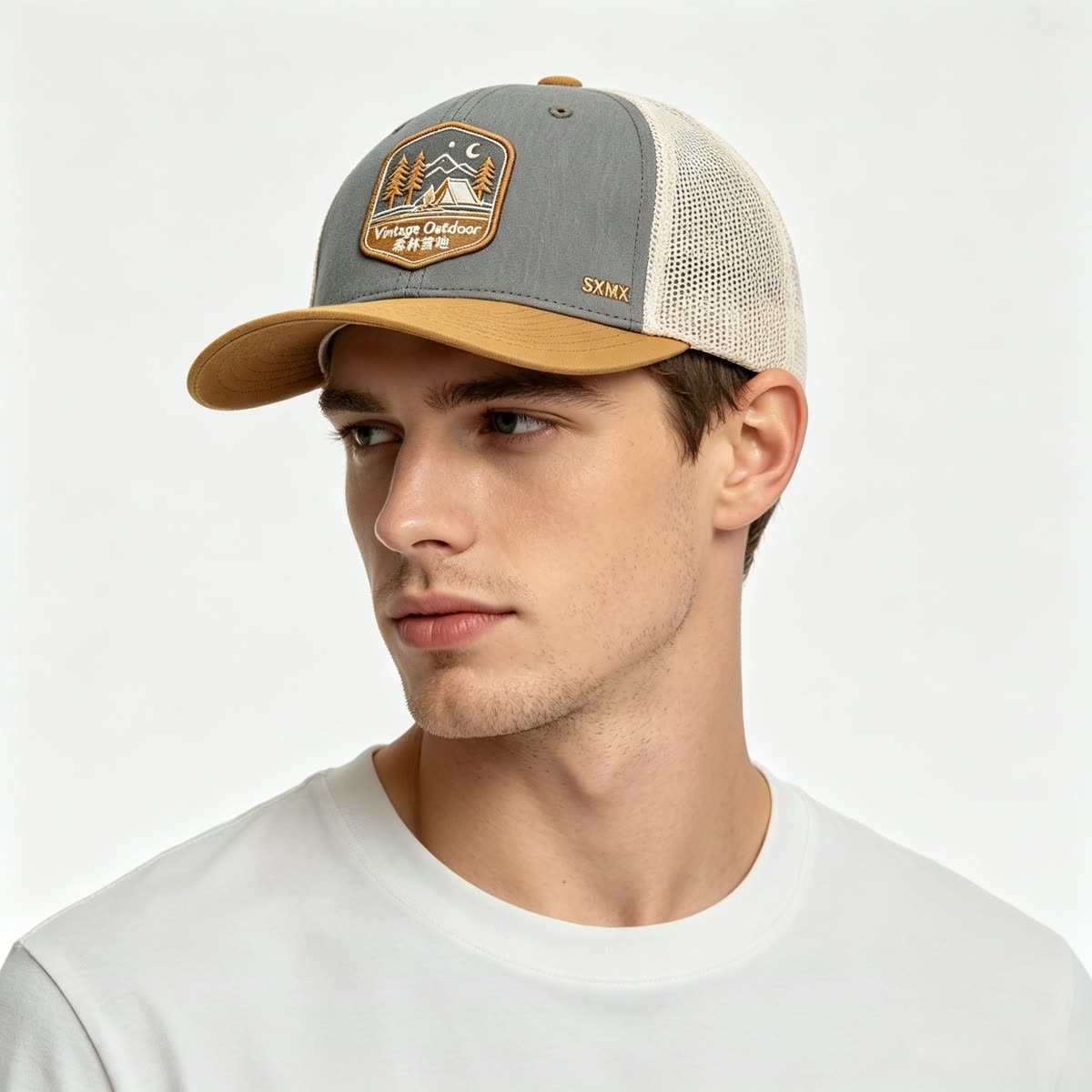 Custom Camping Scene Patch Trucker Cap on model